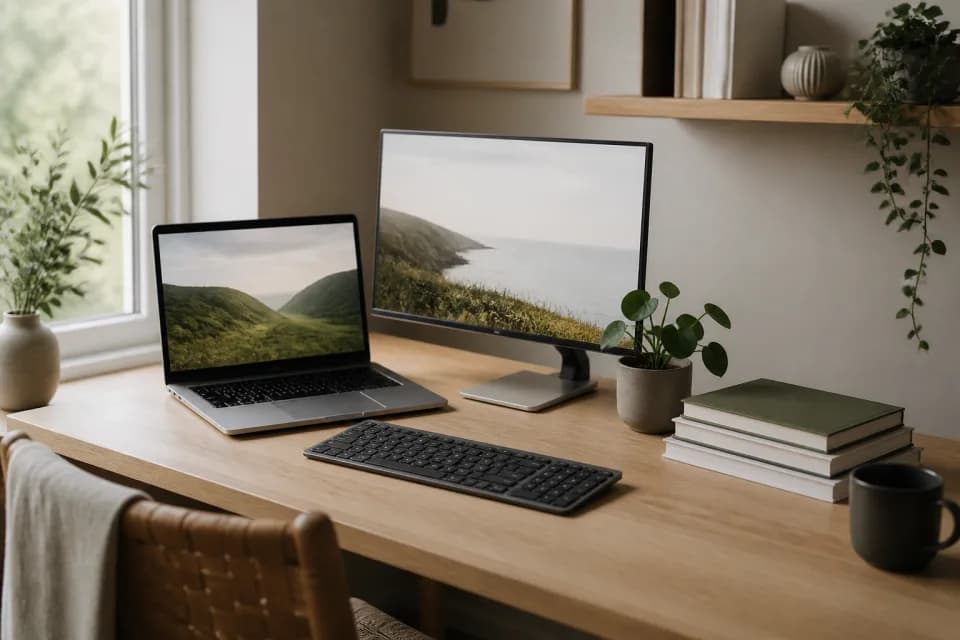 Laptop naast een extern beeldscherm op een eiken bureau