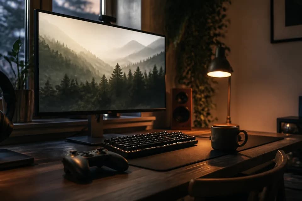 Bureau met een oplichtend breedbeeldscherm, toetsenbord en controller