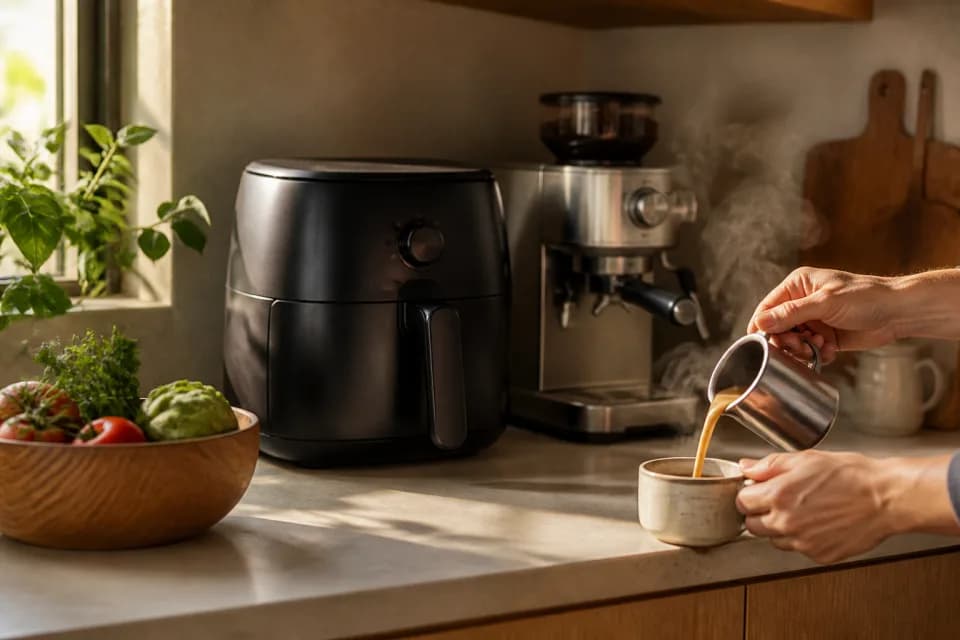 Airfryer en espressomachine op een warm keukenblad