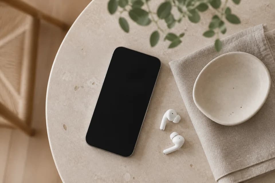 Smartphone en draadloze oordopjes op een lichte stenen ondergrond