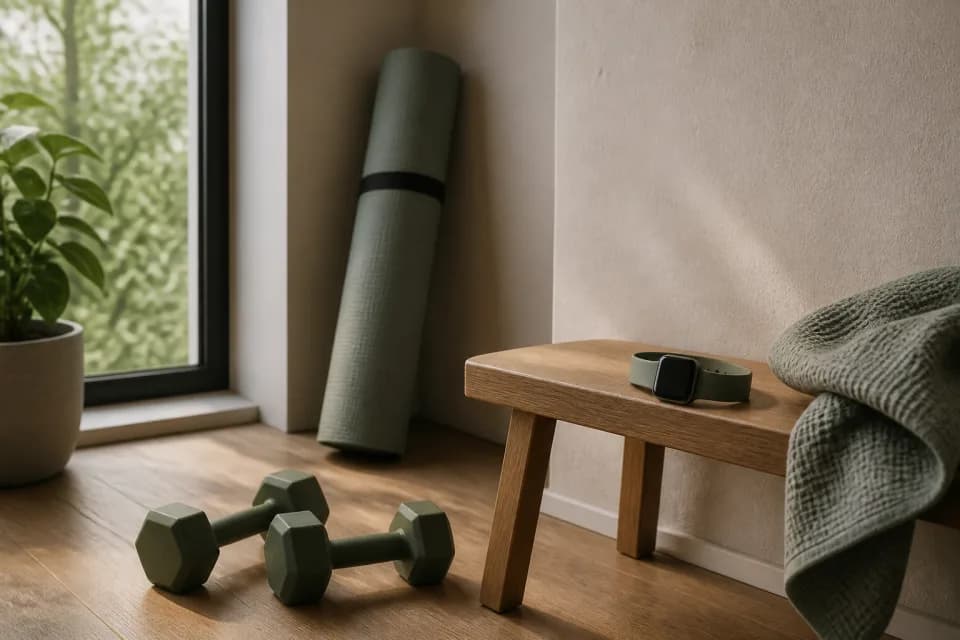 Hoek van een thuisgym met dumbbells, yogamat en een smartwatch