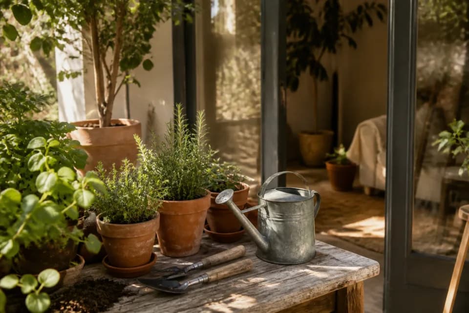 Terras met kruiden in terracotta potten en tuingereedschap op tafel