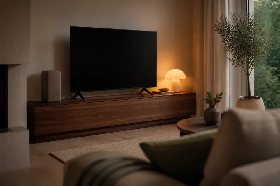 Woonkamer in de avond met een grote televisie en een speaker
