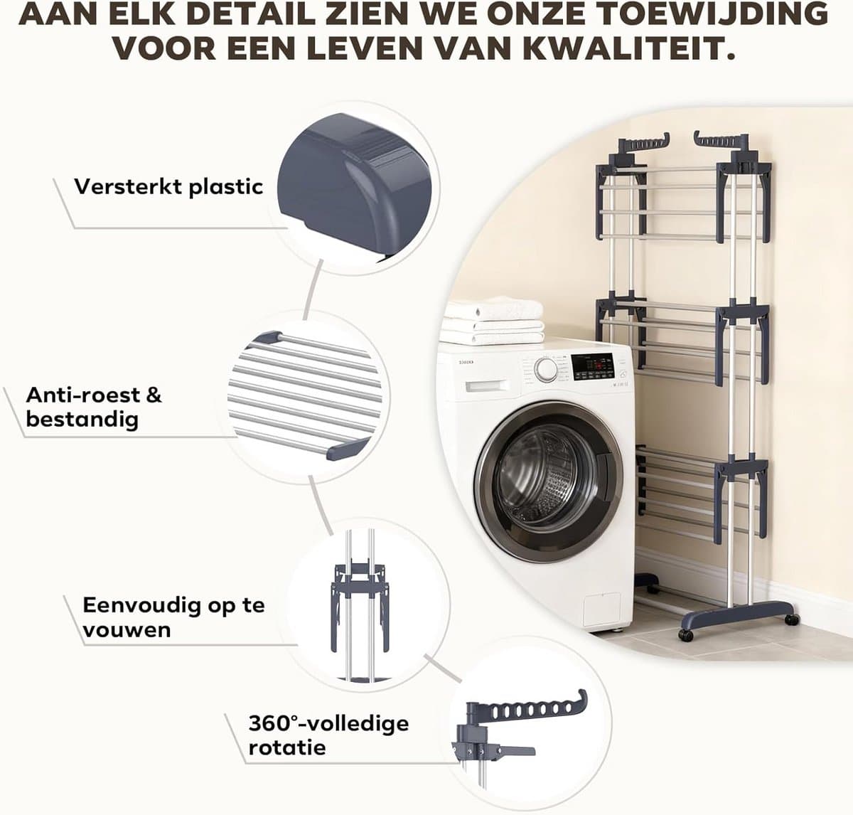 Wasrek Toren - Droogrek Vloer - Kleding Drogen - 4 Lagen Stabiliteit - 76x50x172cm - Grijs thumbnail 7