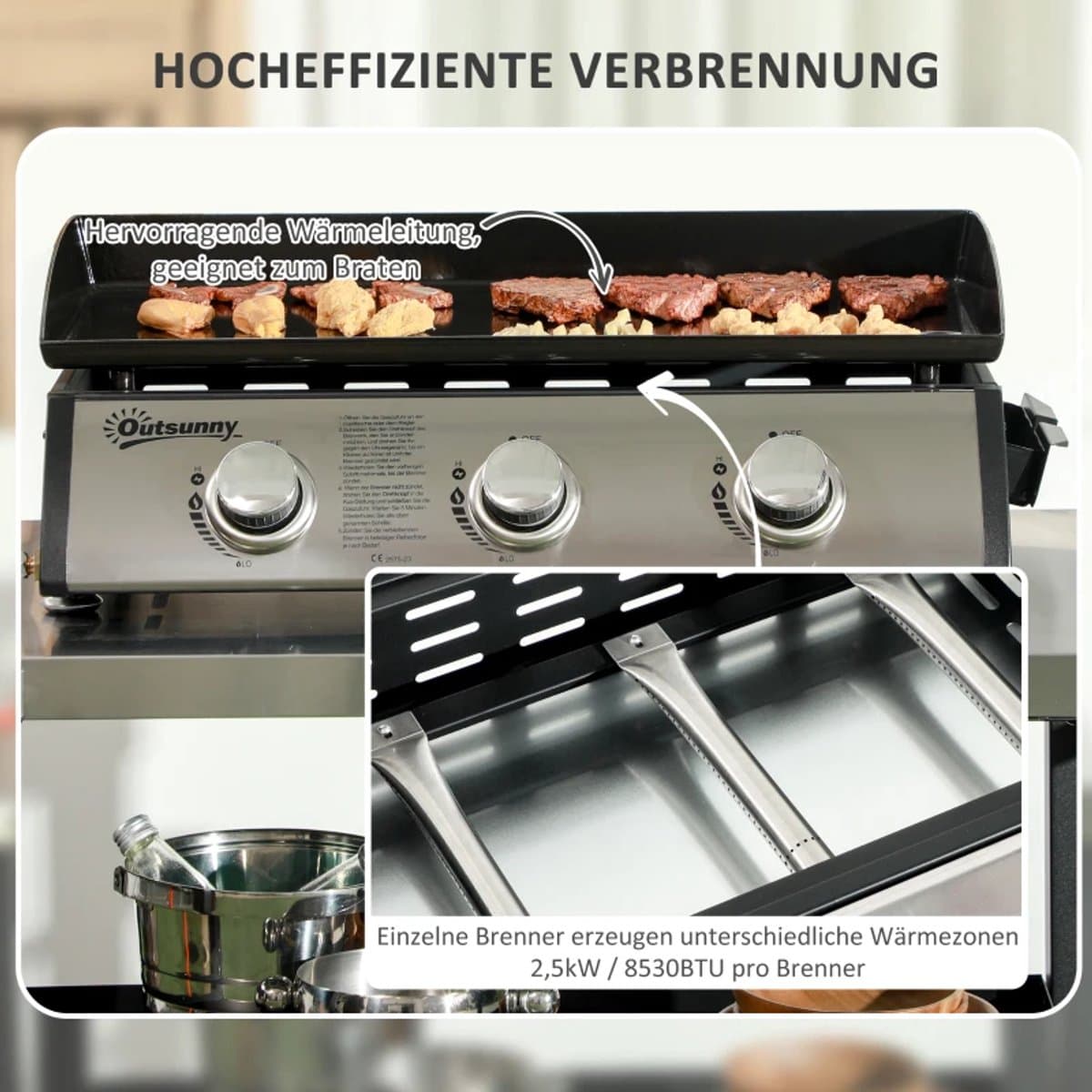 Gasbarbecue - Tafelmodel Gasbarbecue en Gasgrill - 3 Branders - 7,5 kW - met Deksel, Vetopvangbak, Antiaanbakplaat - 63 x 47 x 25 cm - Zwart + Zilver thumbnail 6