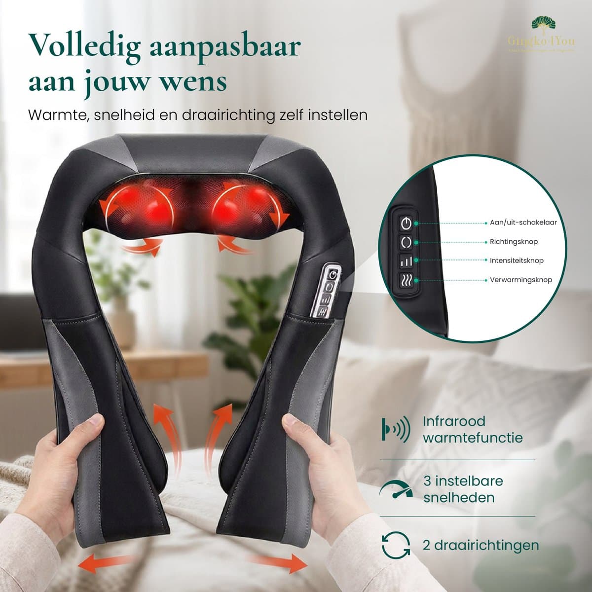 Gingko® Zen Shiatsu Massagekussen - Nekmassage Apparaat Draadloos - Infrarood Warmtefunctie - Elektrisch - Rugmassage Apparaten voor Nek, Schouder, benen, voeten, buik - 8 Massagekoppen met Infrarood - 1,5 uur gebruik - Luxe Opbergtas - Zwart/Grijs thumbnail 7