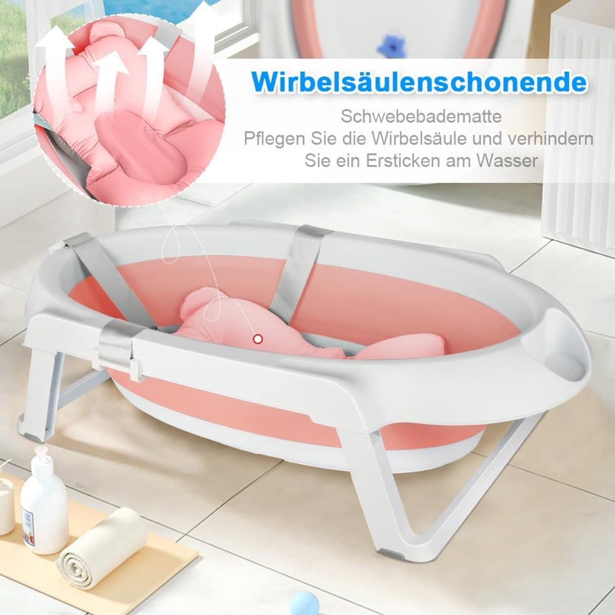 Babybadkuip Opvouwbaar - Babybadje Draagbaar - Baby Wassen - Met Ondersteunende Standaard - 72 x 51 x 42 cm - Roze thumbnail 4