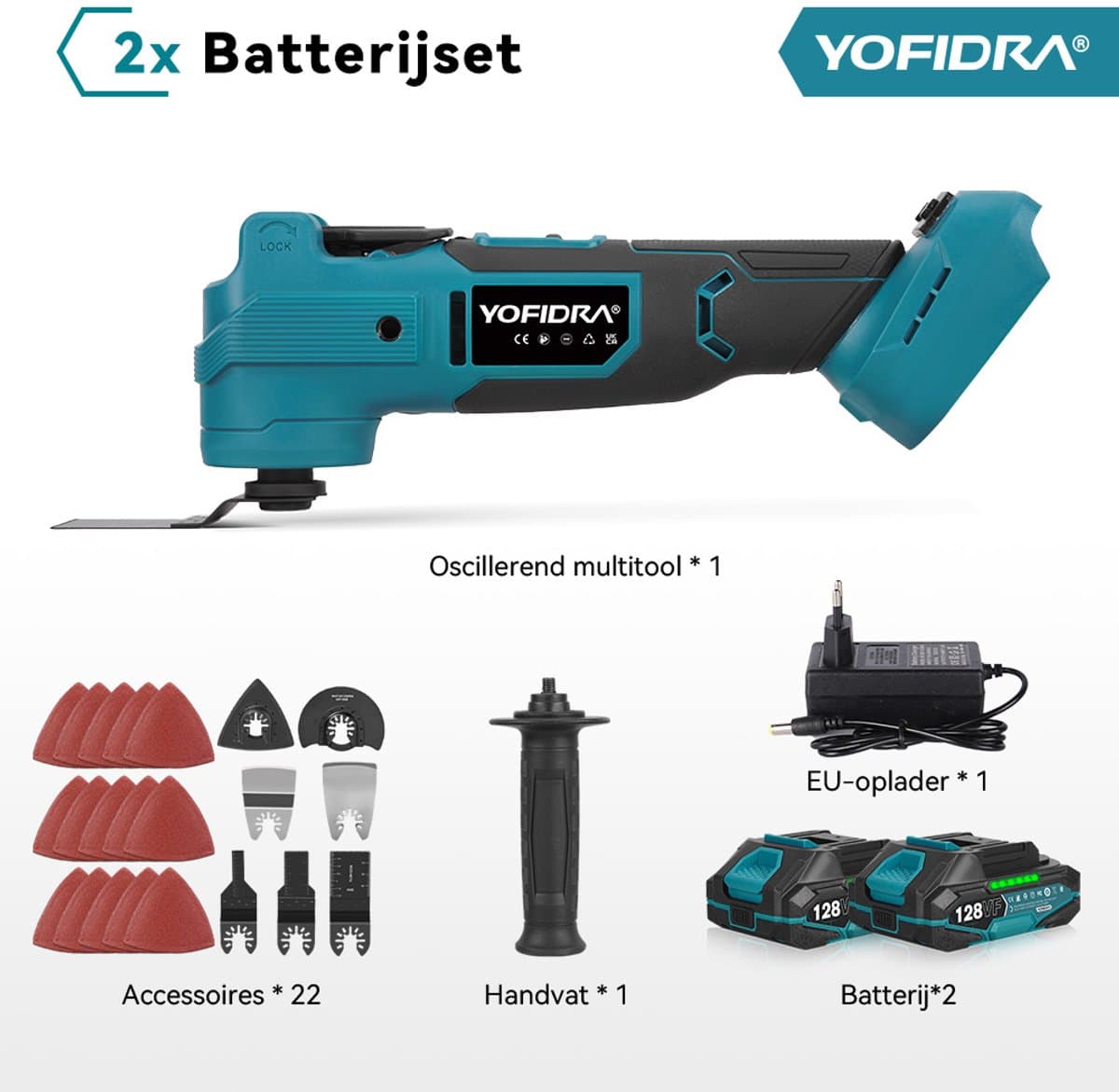 Yofidra Accu Multitool - Borstelloze Multifunctioneel - 8000–20000 tpm - met 2x Accu's & 22x Accessoires - voor verwijderen, schrapen en zagen thumbnail 2