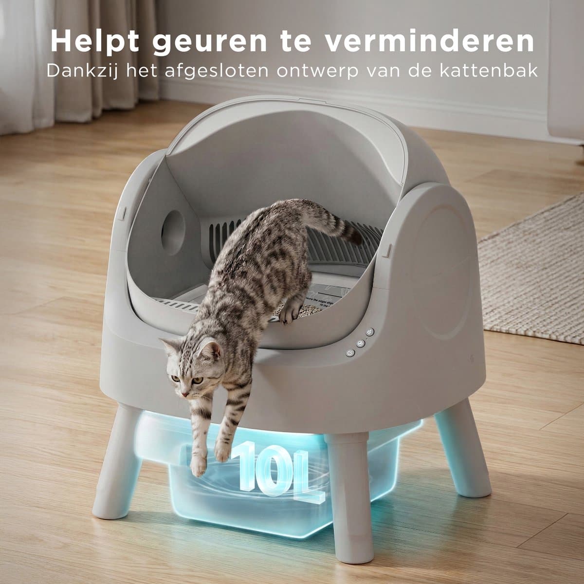 TrevoPet® Automatische Kattenbak - Zelfreinigend & Veilig - Voor Katten tot 12KG - Incl. Mat, 60 Afvalzakjes & Accessoires - 10L Afvalbak - Grijs thumbnail 7