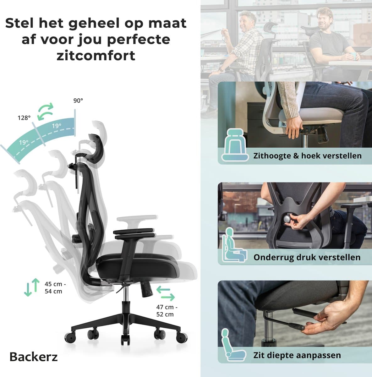 Backerz Mesh Ergonomische Bureaustoel - Bureaustoelen voor Volwassenen tot 150kg - Office Chair NEN-EN1335 - Gamestoel thumbnail 3