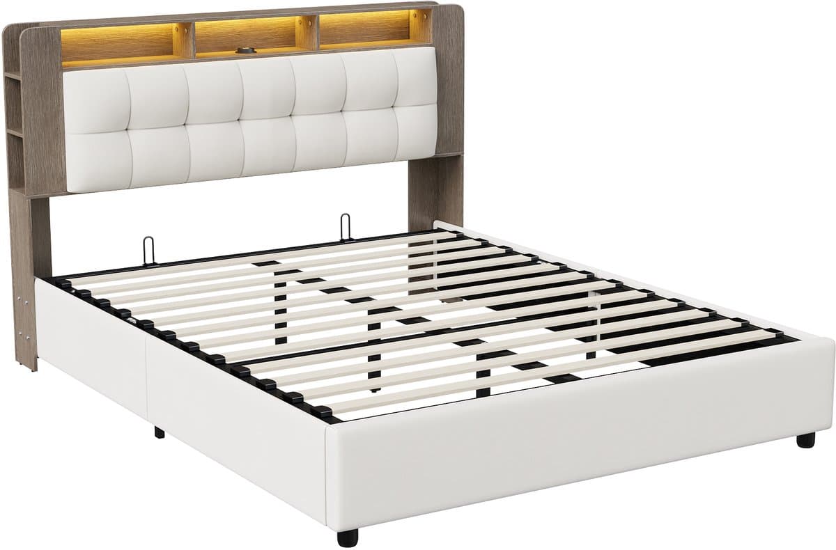 Opbergbed 160x200 cm – Beige fluwelen tweepersoonsbed – Gaslift opslag, hoofdbord-opbergruimte, LED-sfeerverlichting & draadloos opladen thumbnail 5