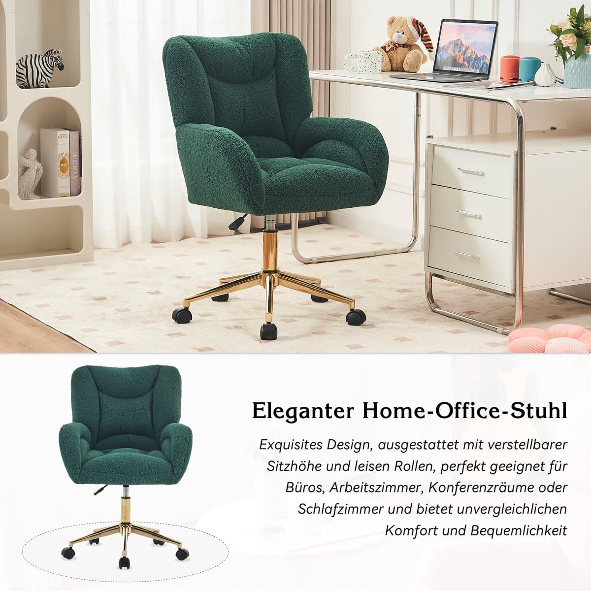 STILVORA Bureaustoel – Draaibare Kantoorstoel – Hoogteverstelbaar Met Gouden Poten – Ergonomische Comfortabele Zitting Voor Home-Office En Thuiswerk – Teddy Stof – Groen thumbnail 6