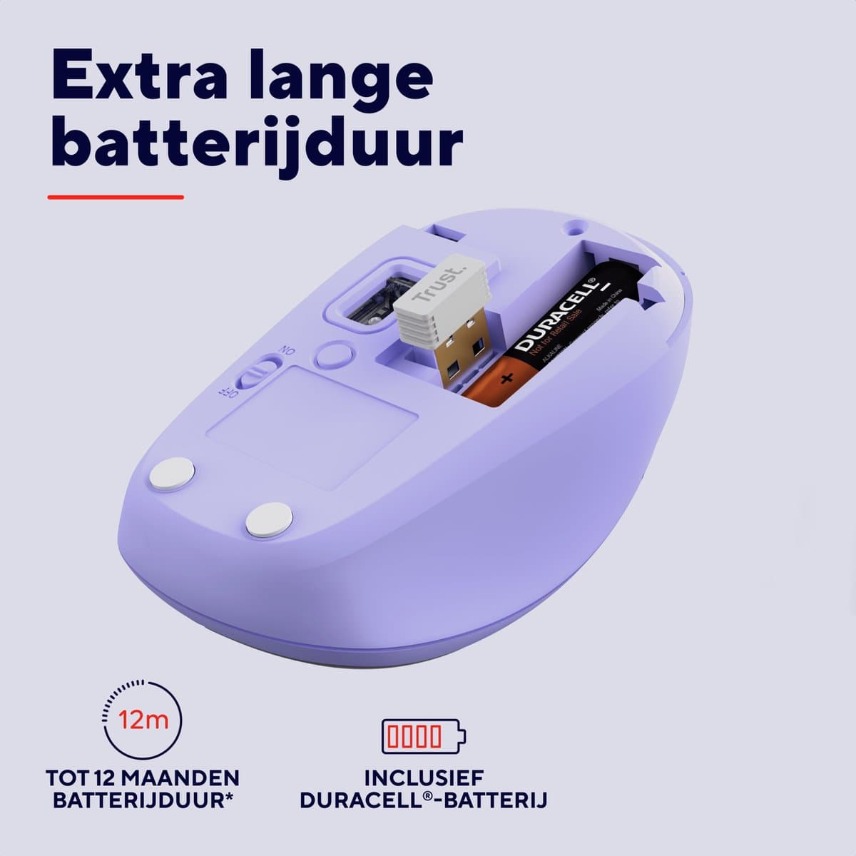 Trust Yvi+ Bluetooth - Draadloze Muis - Bluetooth & USB ontvanger- Compact - Stillere klikken – Paars thumbnail 3