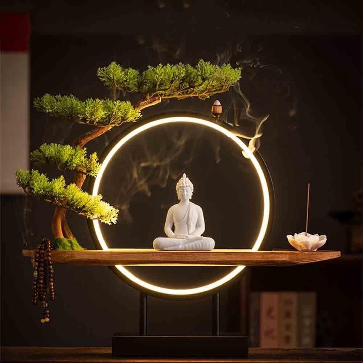 Decoratie Boeddha - Feng Shui - Huis Verfraaien - Keramiek met Lichtring - 9x9x11 cm - Wit thumbnail 5