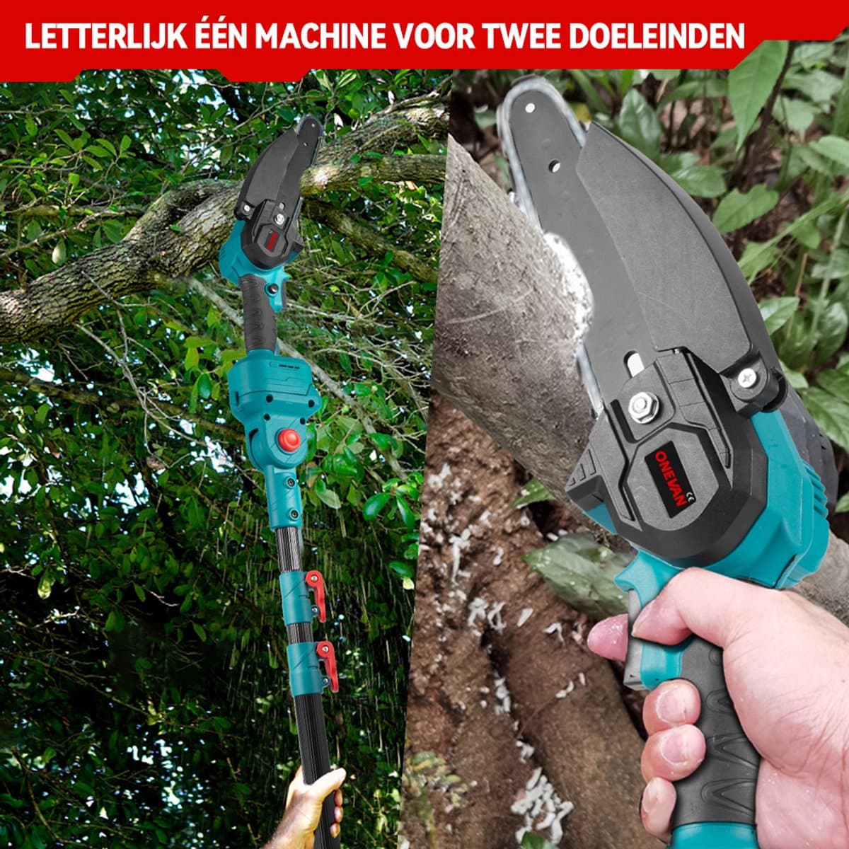 ONEVAN Accu Hoogsnoeier - Snoeischaar Telescopische steel - Borstelloze kettingzaag - snoeizaag voor hoge takken - Met 2 Accus - voor boomtakken, houtzagen thumbnail 6