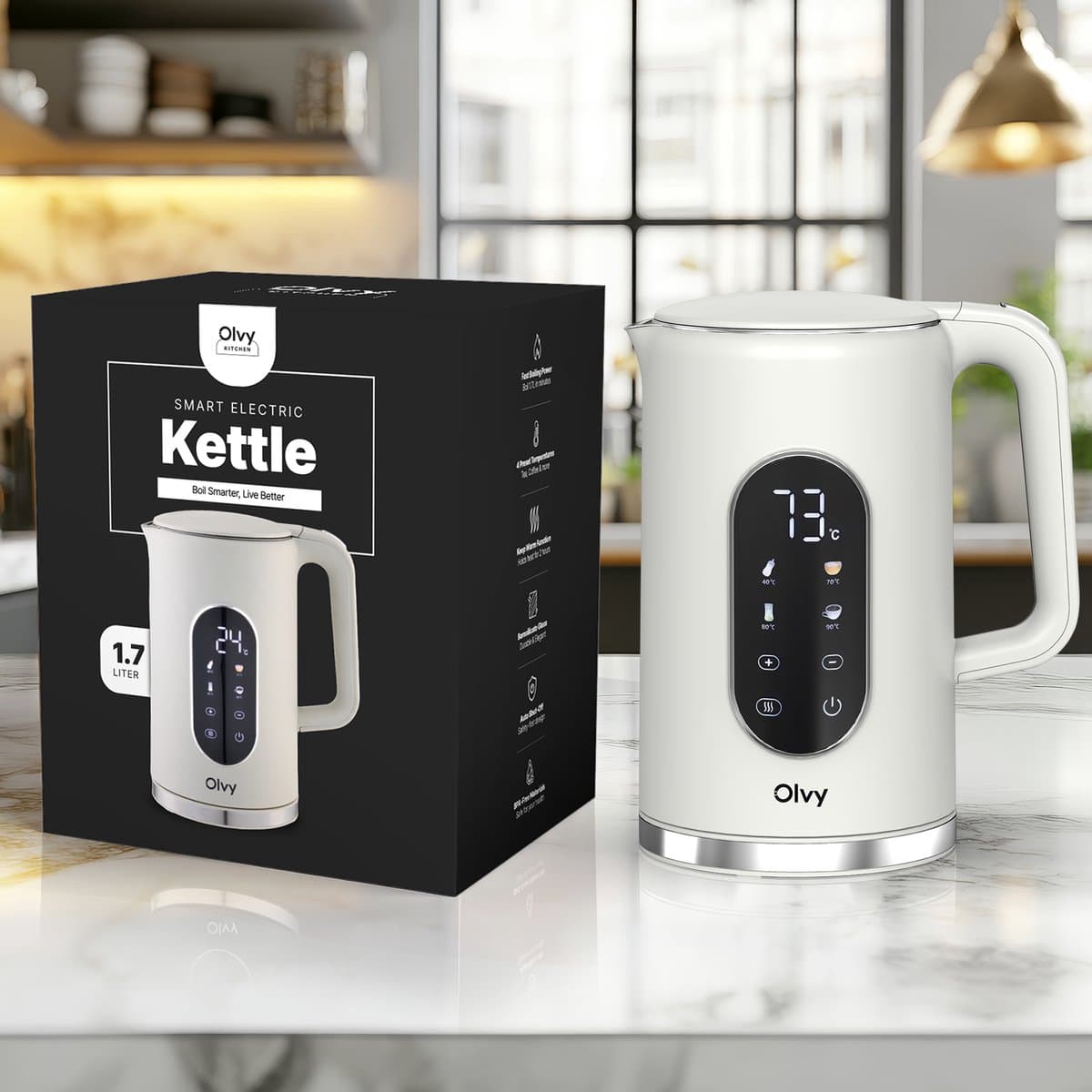 Olvy Waterkoker met Temperatuurregeling - Crème - Warmhoudfunctie - RVS - Dubbelwandig - Elektrisch - 1.7 Liter - 2200W thumbnail 7
