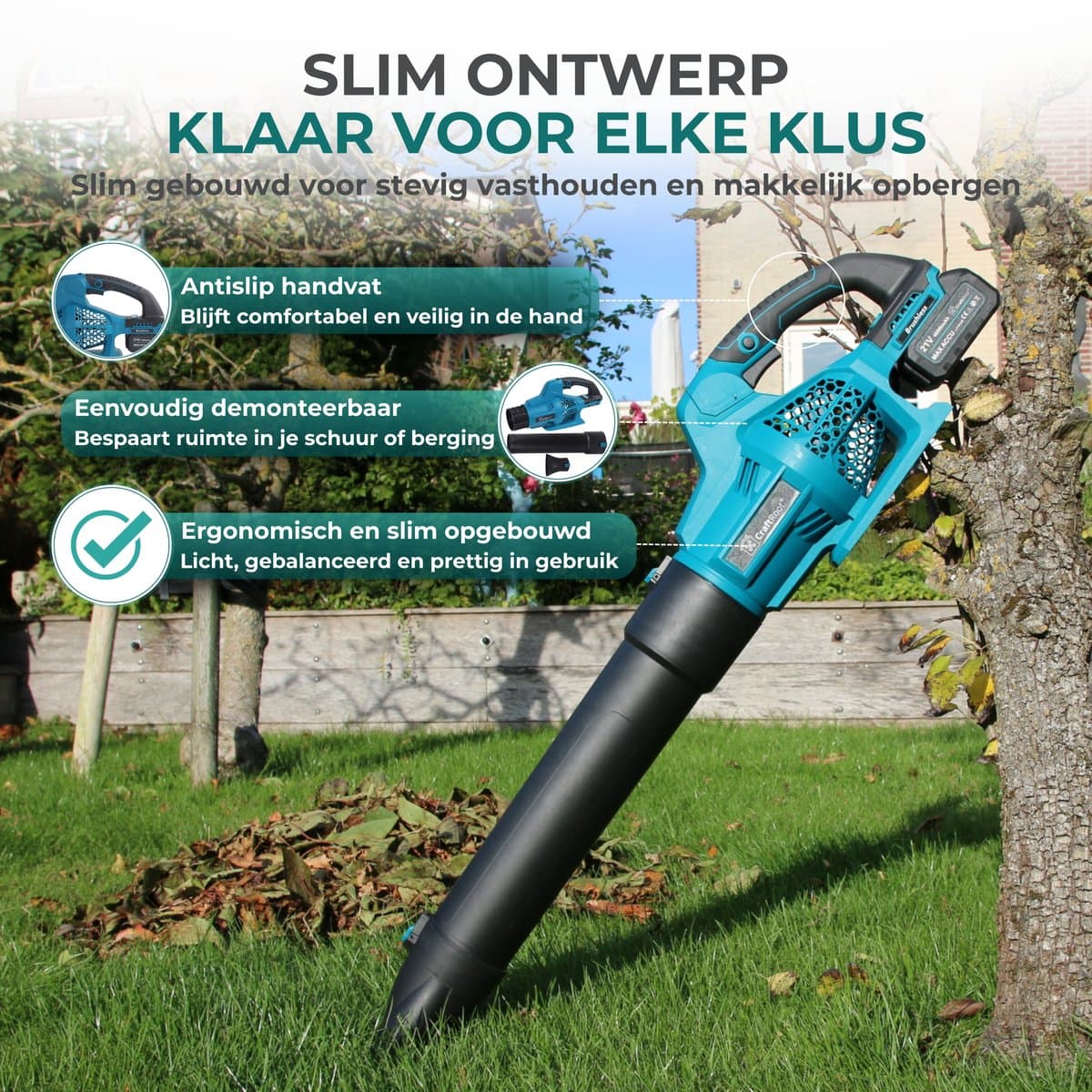 CraftRoot Accu Bladblazer – Draadloze Elektrische Bladblazer met 2x 4.0Ah Accu - Krachtig en Compact - 200km/h – 21.000 RPM thumbnail 3