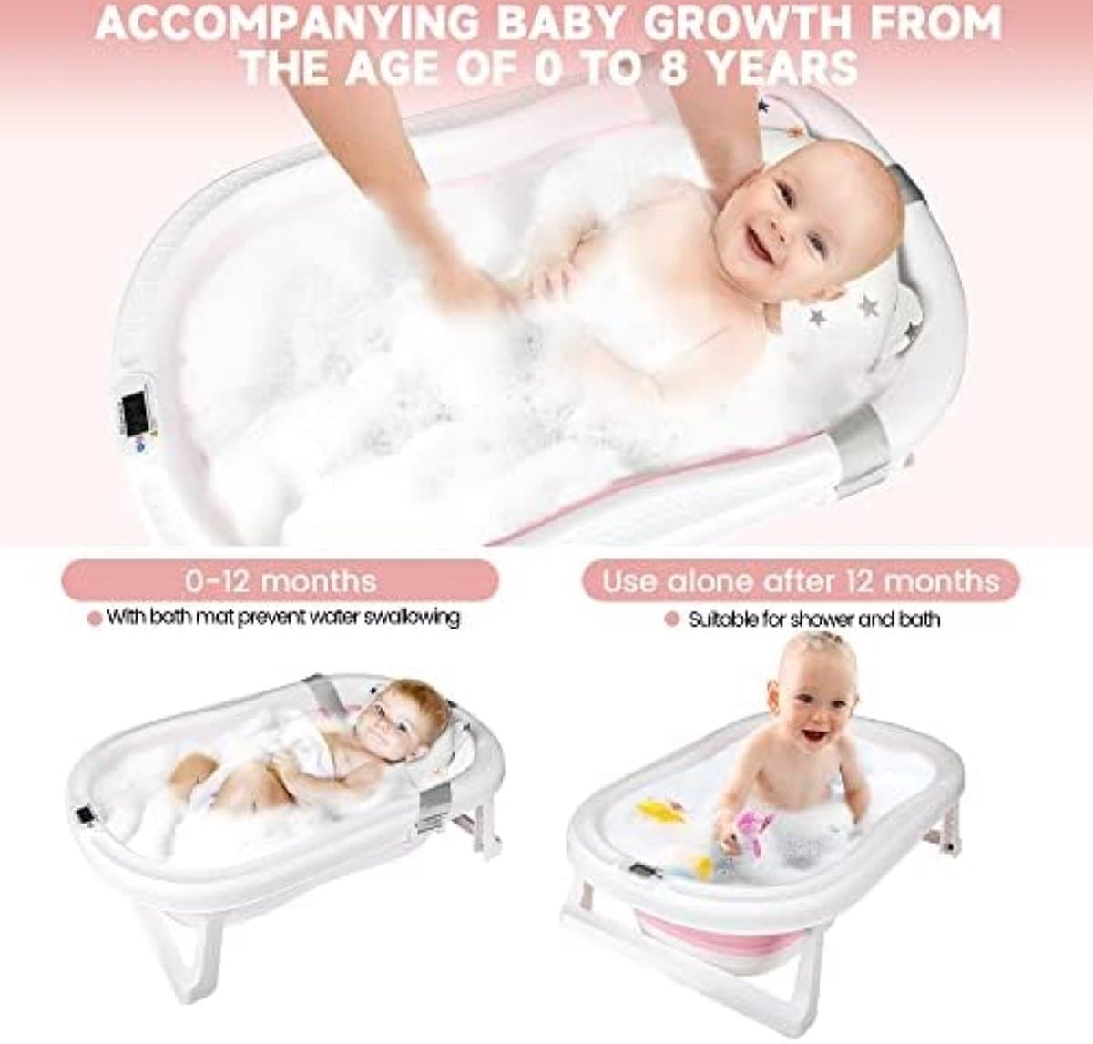Grote Babybadkuip Met Temperatuursensor, Opvouwbare Babybadkuip Met Kussenpad, Antislip Steunpoot, Inklapbare Kuip Voor Peuter Baby Kinderen Badderen | Shampoo Beker thumbnail 6