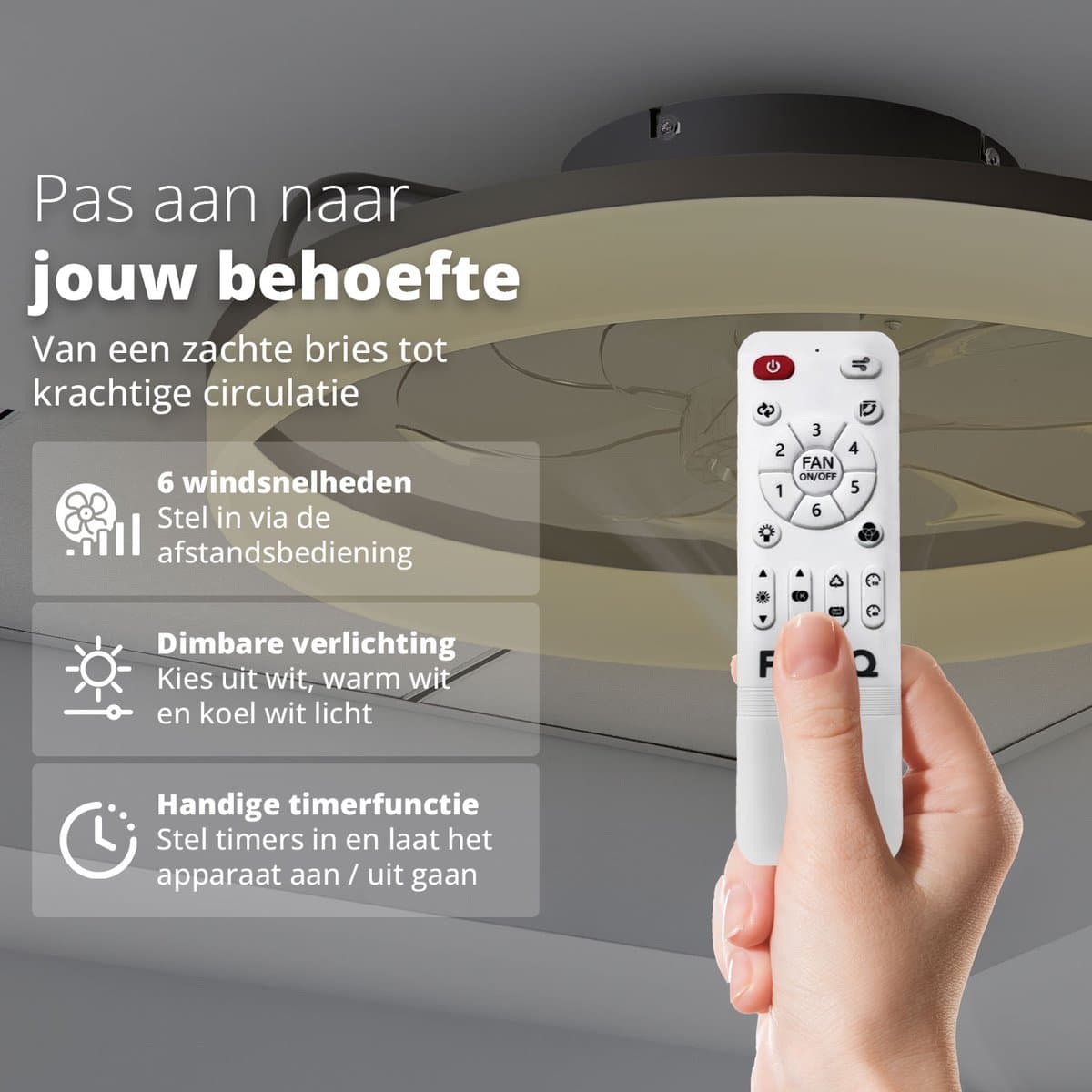 FlinQ AeroGlow Smart Plafondventilator met Verlichting - Ventilator voor aan het Plafond - Ideaal voor op de Slaapkamer - Bestuurbaar met App of Afstandsbediening - Wit thumbnail 6