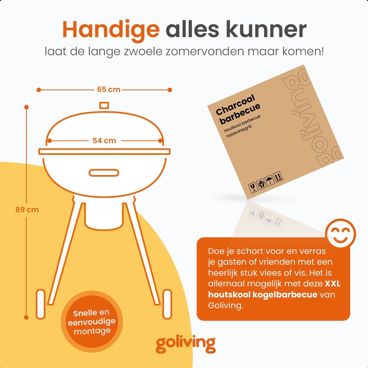 Goliving Houtskool Barbecue - Ø54 cm - Inclusief Accessoires - Houtskoolbarbecues op Wielen - XXL BBQ met Deksel - Rond - 65 x 89 cm - Zwart - Metaal thumbnail 3