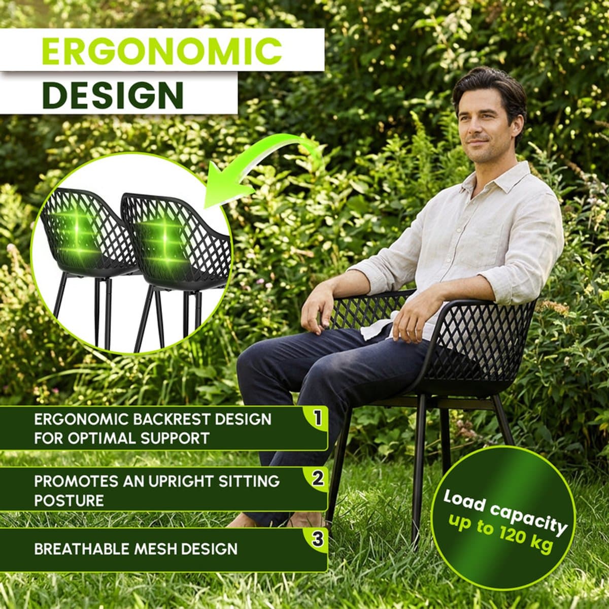 EGGREE Tuinstoelen voor buiten - set van 4 - kunststof stoelen met armleuningen en metalen poten - tuinstoelen voor buiten voor het terras - balkon - eetkamer en woonkamer - rugleuning met opengewerkt ontwerp - zwart thumbnail 8