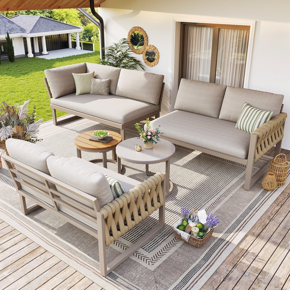 OKWISH Tuinloungeset 5 Tot 6 Personen - Modulair Met Verstelbare Tafelpoten - Balkon Tuin Terras - Metaal Olefin - Beige thumbnail 5