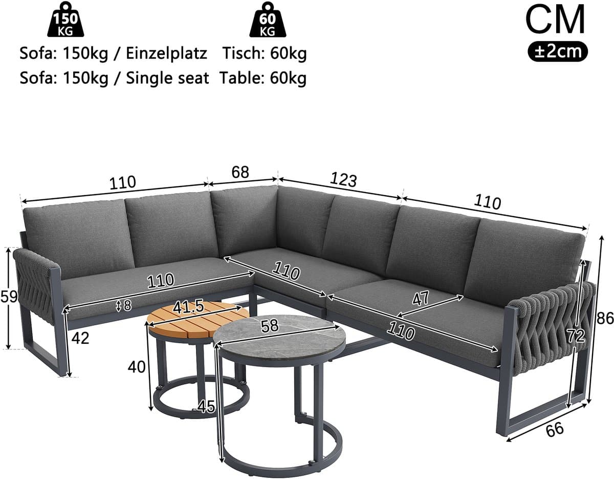 OKWISH Modulaire Tuinlounge Set Voor 5 Tot 6 Personen - Verstelbare Tafelpoten - Balkon Tuin Terras - Olefin - Grijs thumbnail 6