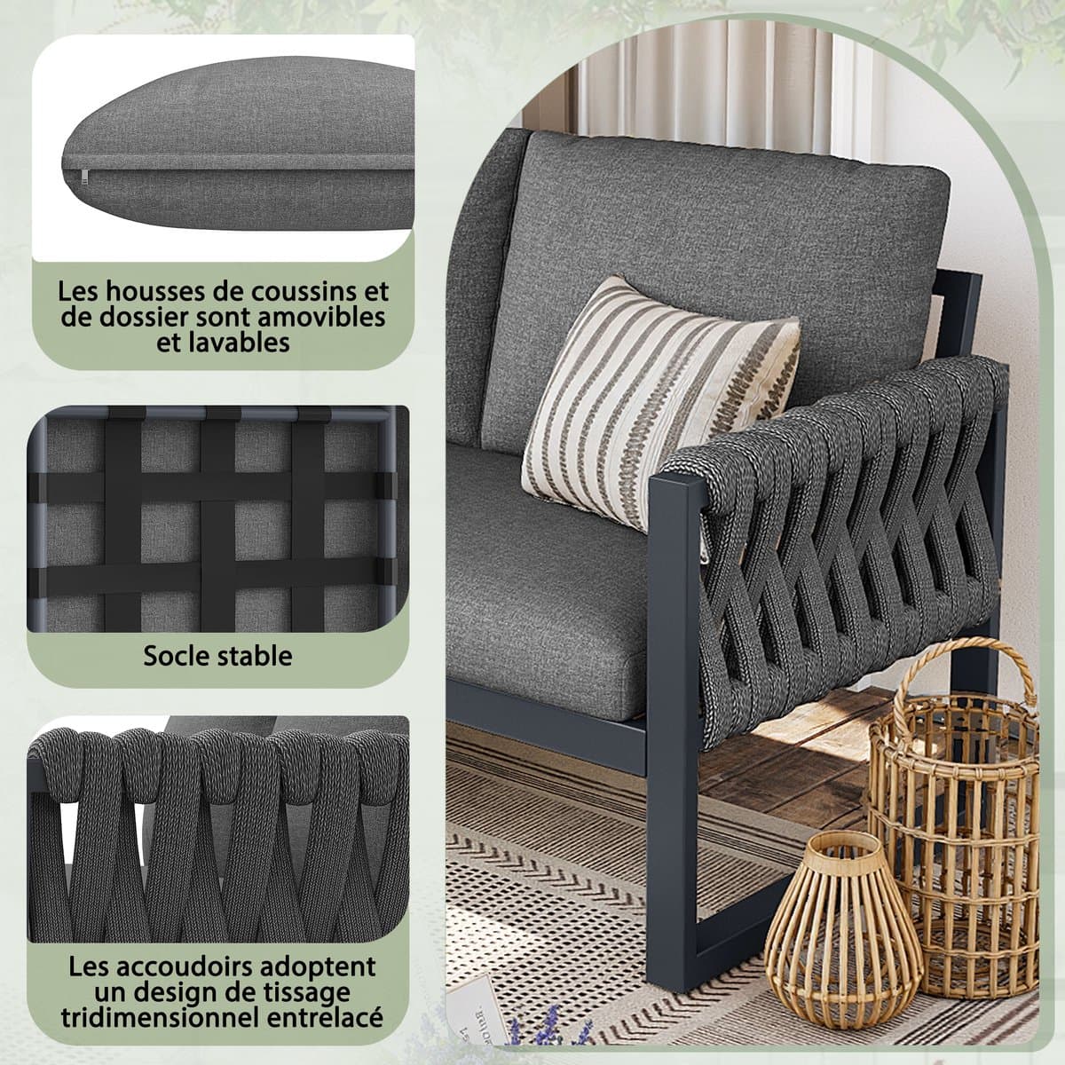 OKWISH Modulaire Tuinlounge Set Voor 5 Tot 6 Personen - Verstelbare Tafelpoten - Balkon Tuin Terras - Olefin - Grijs thumbnail 8