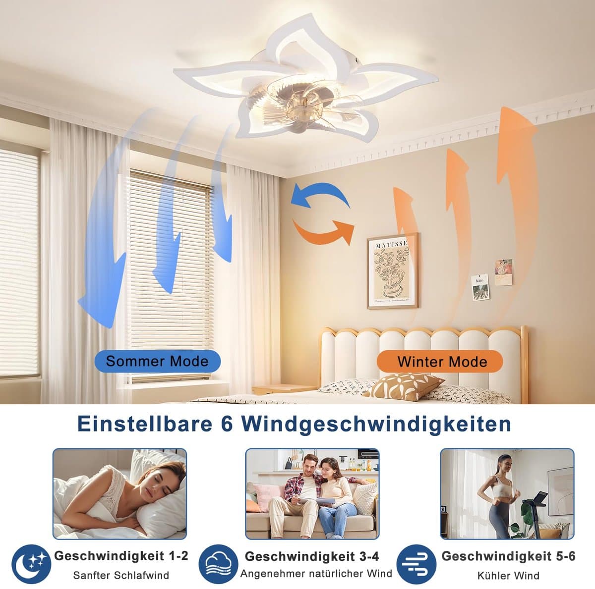 Glitzerlife - Plafond ventilator met verlichting - Dimbare LED ventilator lamp plafond - Stille plafondventilator - 3 kleurtemperaturen - 6 windsnelheden - Timer & nachtmodus - Ø62cm - Wit - Plafondlampen met ventilator woonkamer slaapkamer thumbnail 7