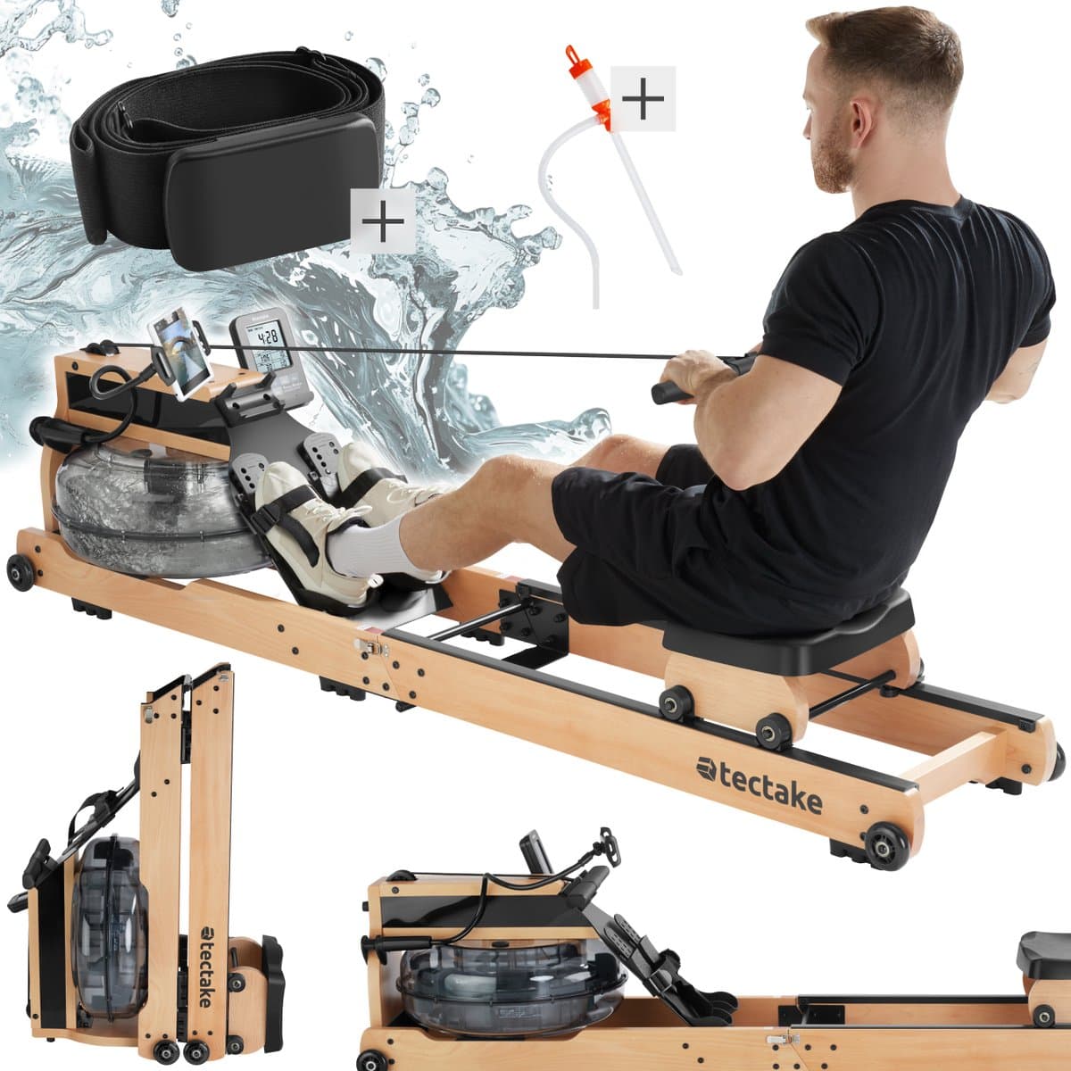 tectake® Houten Roeimachine - Opvouwbare Roeitrainer met 6 Weerstand Standen - Home Gym - Workout Roeiapparaat - Met Trainingscomputer en Borstband - Bluetooth en Kinomap-app compatibel - Draagkracht tot 150kg