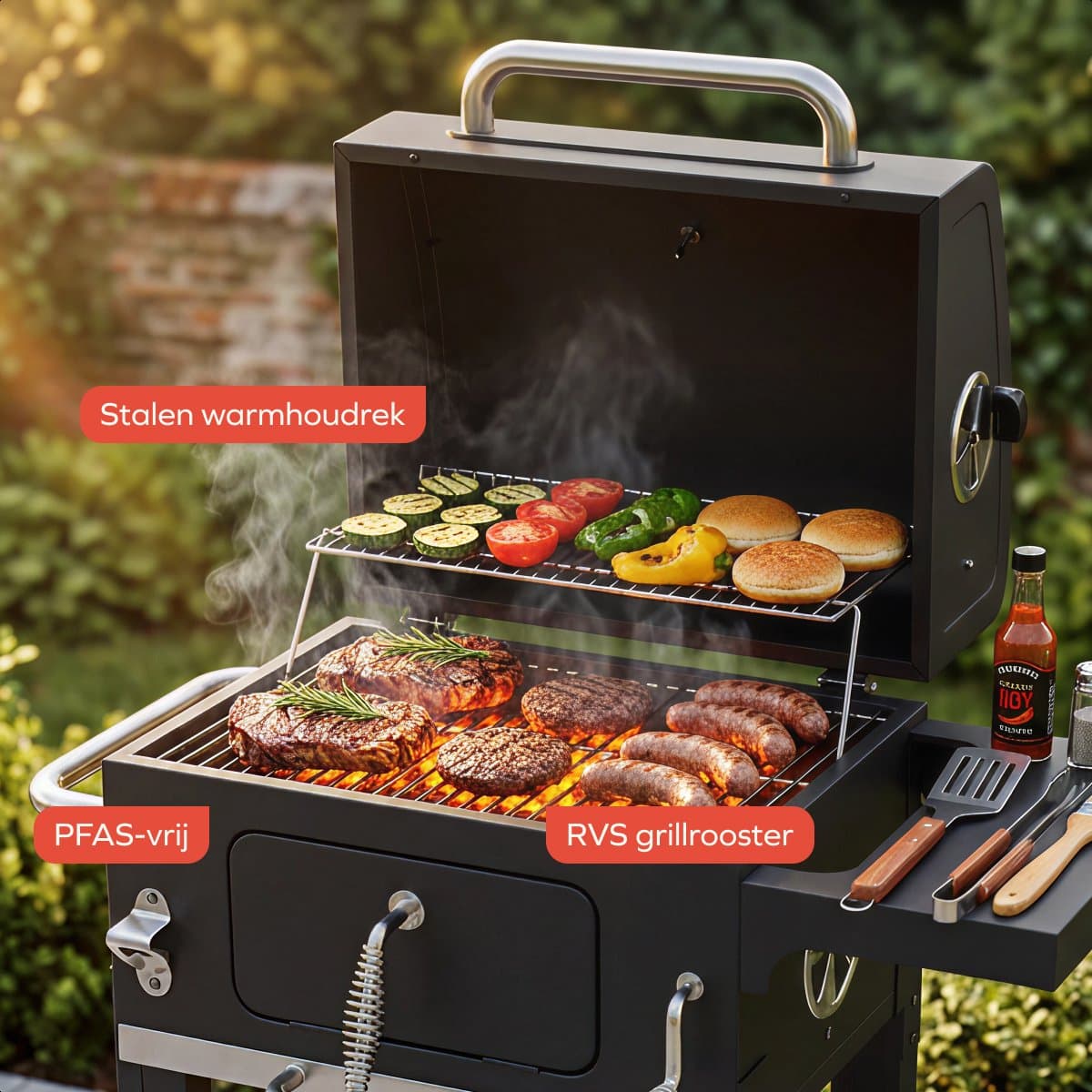 KitchenBrothers Houtskool BBQ Midi - Barbecue Houtskool - RVS Grillroosters - PFAS-Vrij - Met Aslade - 30x40 cm Grilloppervlak - Vaderdag Cadeau - Zwart thumbnail 4