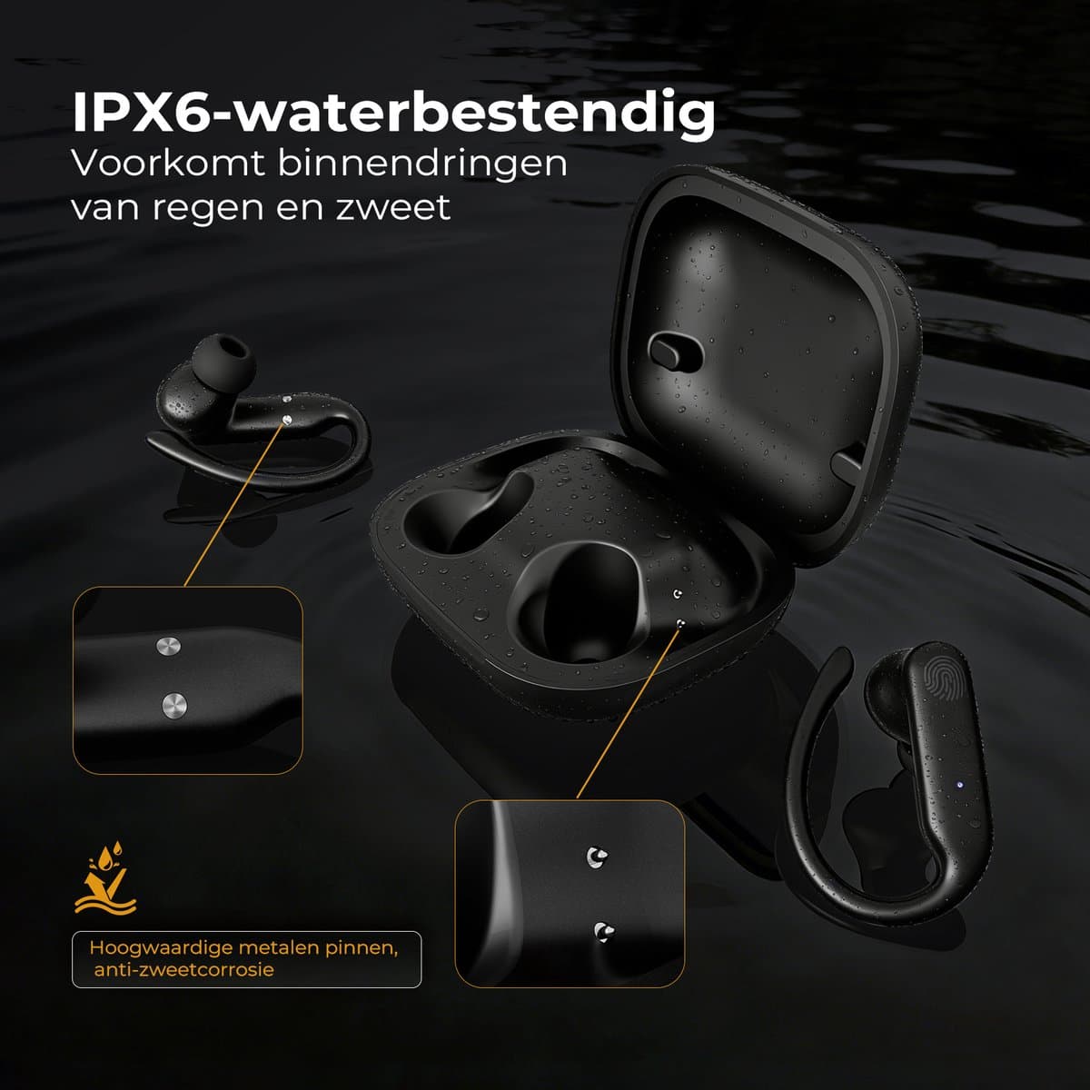 Golden Sound Sport Draadloze oordopjes - 80 uur batterijduur - Active Noise Cancelling -45dB - Sport oordopjes - Oortjes draadloos - Bluetooth oortjes - Zwart thumbnail 6