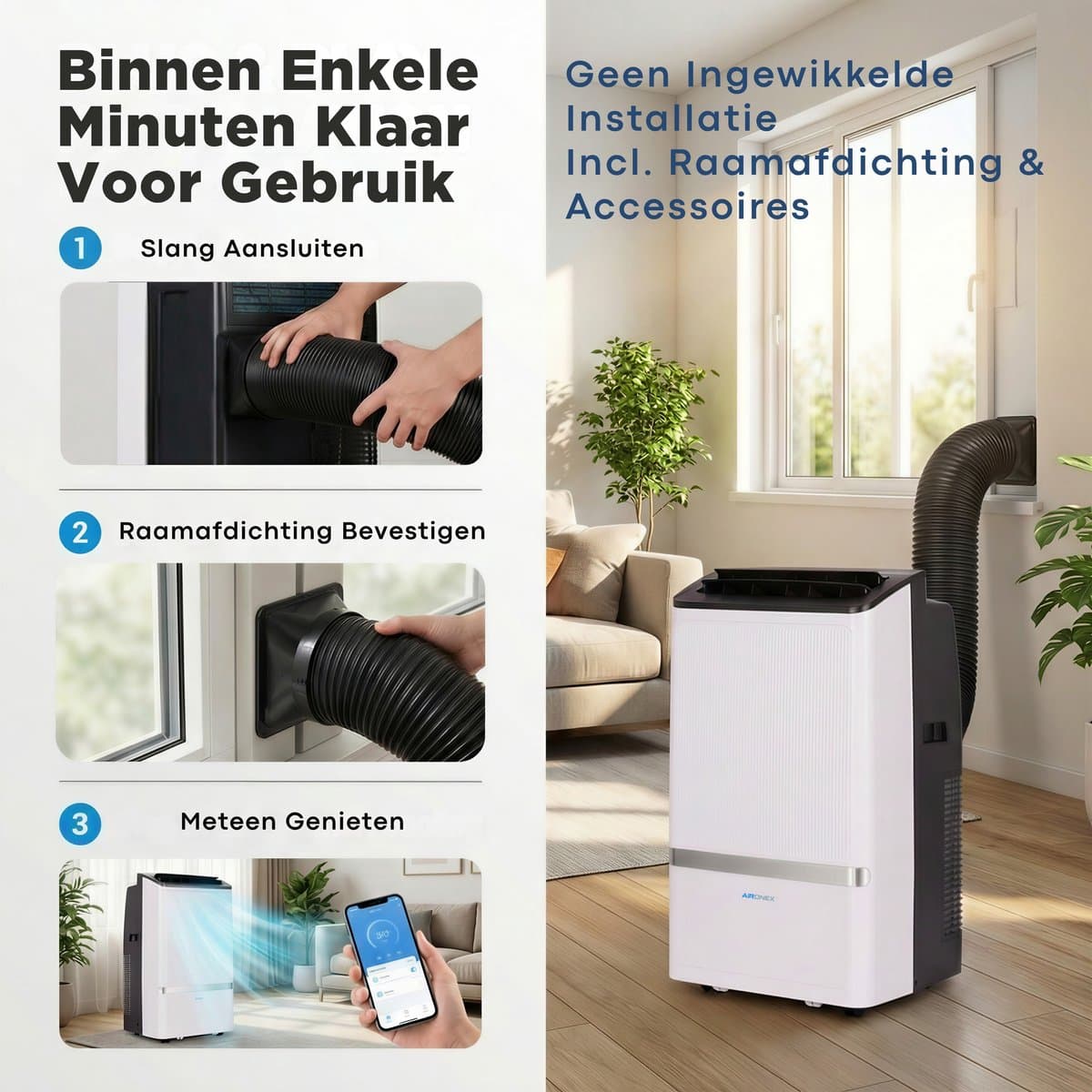 Aironex Mobiele Airco 12000 BTU – App & Afstandsbediening – Stil & Compact – Mobiele Airconditioner met Raamafdichting - Mobiele Airco voor Slaapkamer, Woonkamer, Kantoor thumbnail 6