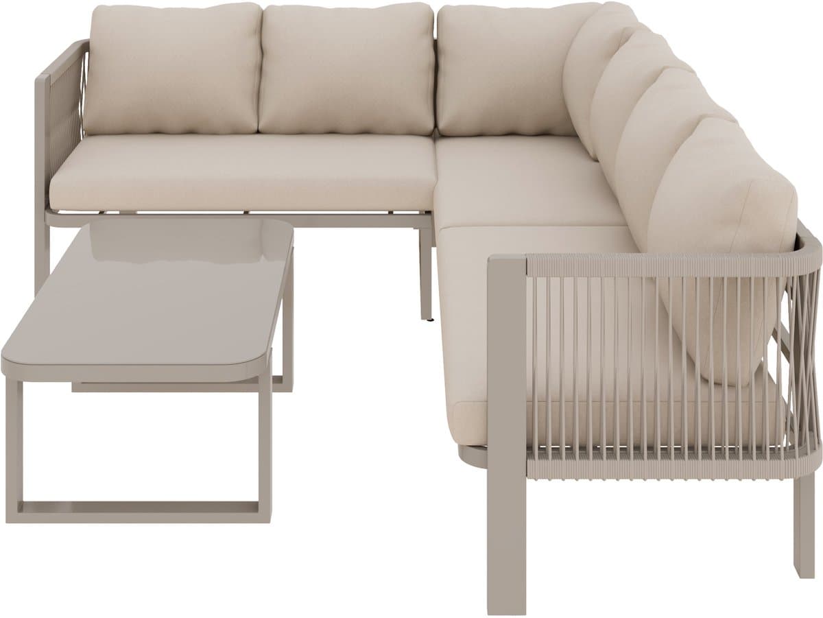 Gutent Hoek Loungesets - 6 Personen - Verzinkt Staal - Glazen Tafelblad - Teslin Touw - Incl Eettafel Bank Stoelen - Khaki thumbnail 3