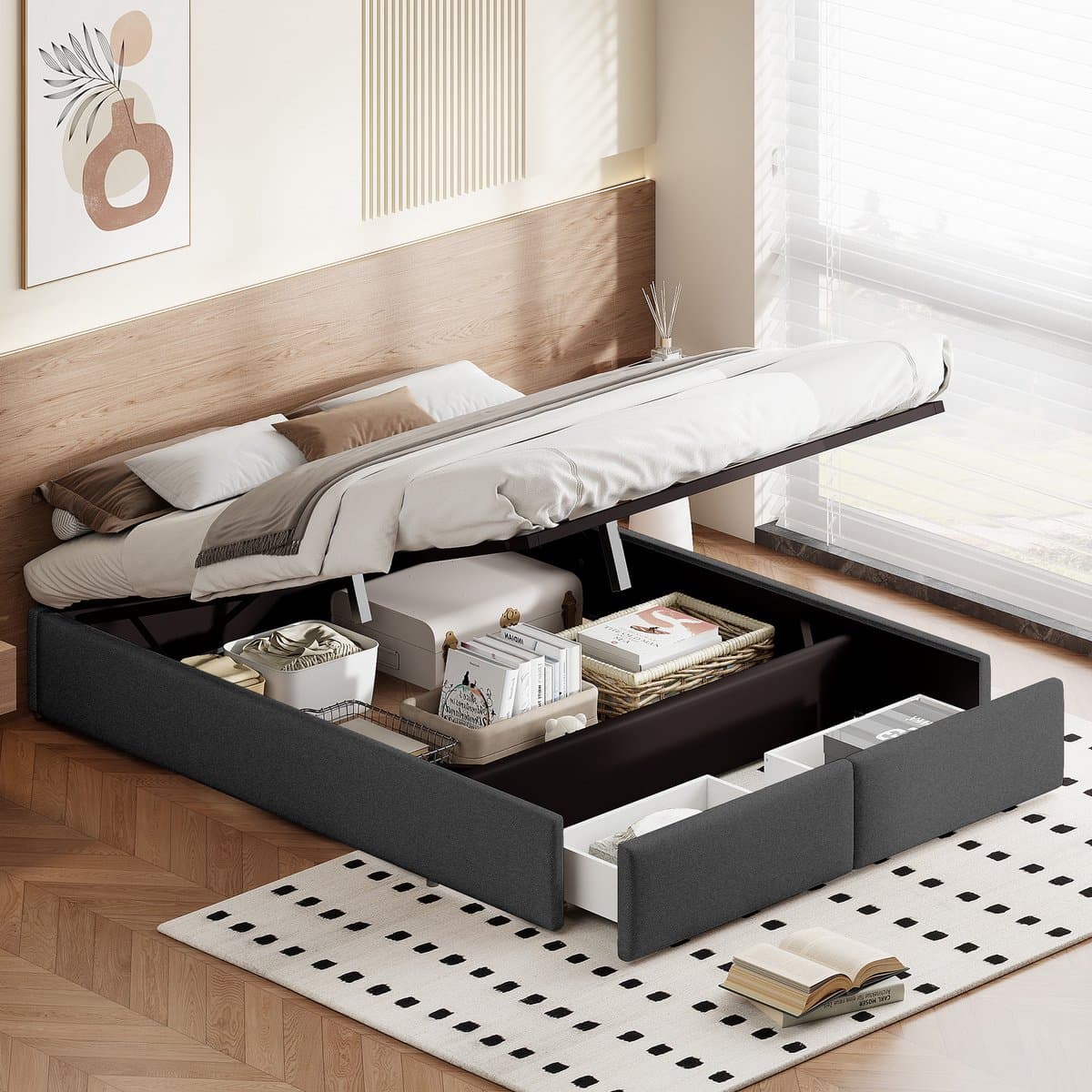 Opbergbed 160x200 cm – Grijs Linnenstof Bed met 2 Lades – Tweepersoons Bedframe met Opbergruimte – Modern Slaapkamer Bed thumbnail 4