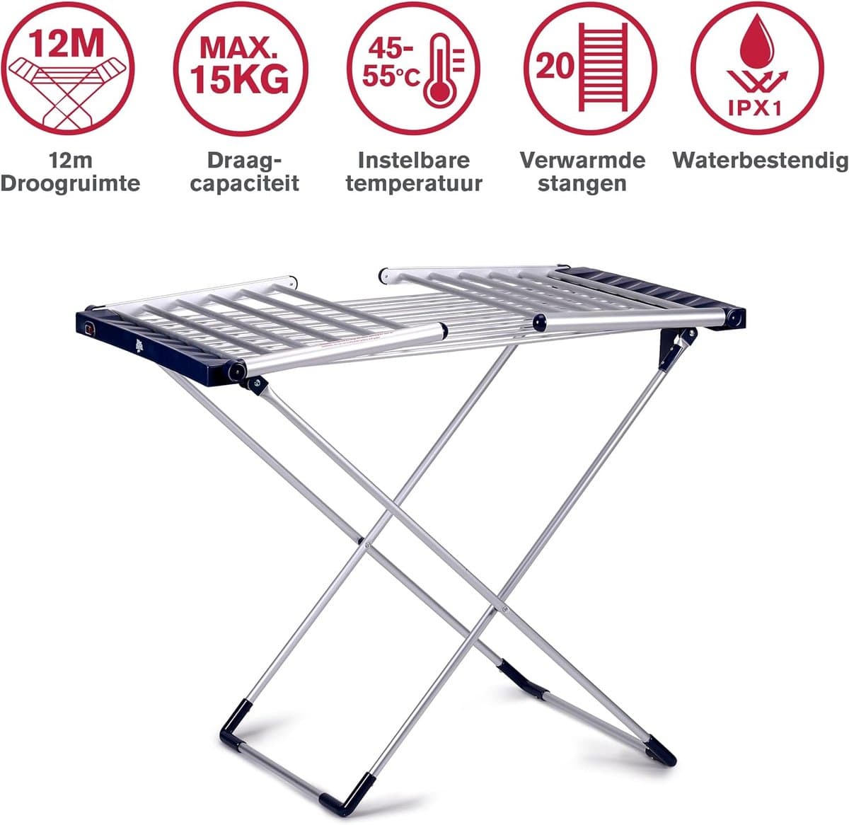 Elektrisch Droogrek - Wasrek Verwarmd - Snelle Kledingdroging - Verstelbare Temperatuur - 12 Meter Droogruimte - Grijs thumbnail 3
