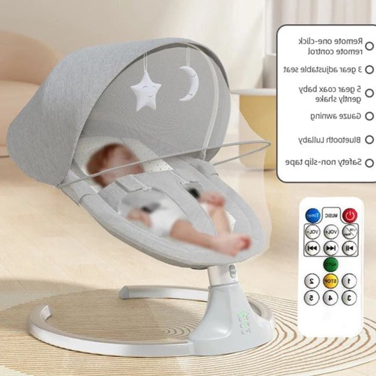 Schommelbedje - Elektrische Luxe Baby Schommelbedje - Babybedje - Wipstoel - Elektrische Schommelstoel - Babyschommel- Baby Swing - Kinderstoel - Automatisch Wiegstoel met Afstandsbediening en 5-Puntsgordel - Bluetooth - Grijs thumbnail 6