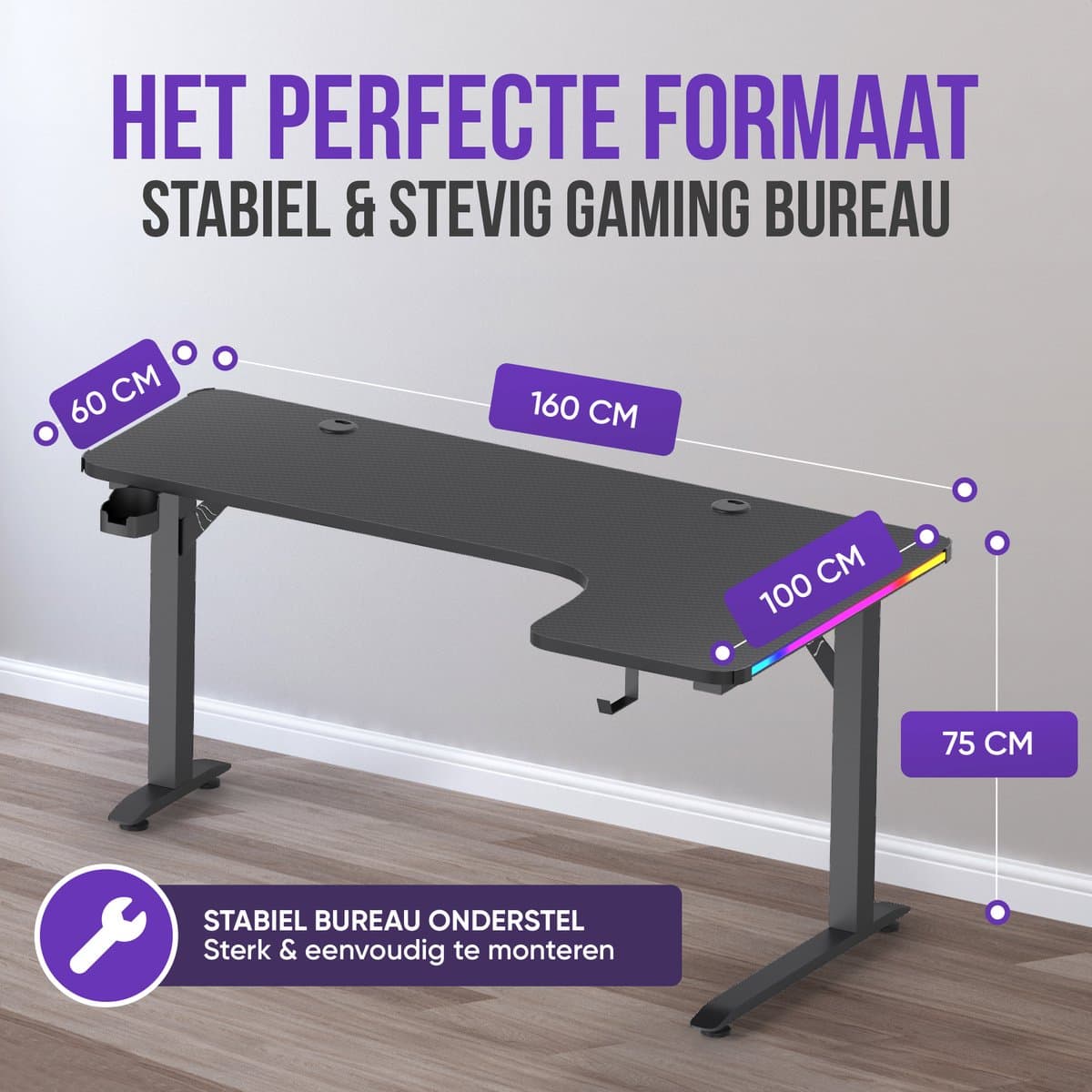 Avalo Gaming Bureau - 160x100x75 CM - L Vormig Hoekbureau - Game Desk Met LED Verlichting - Tafel - Zwart - Hoek Rechts thumbnail 2