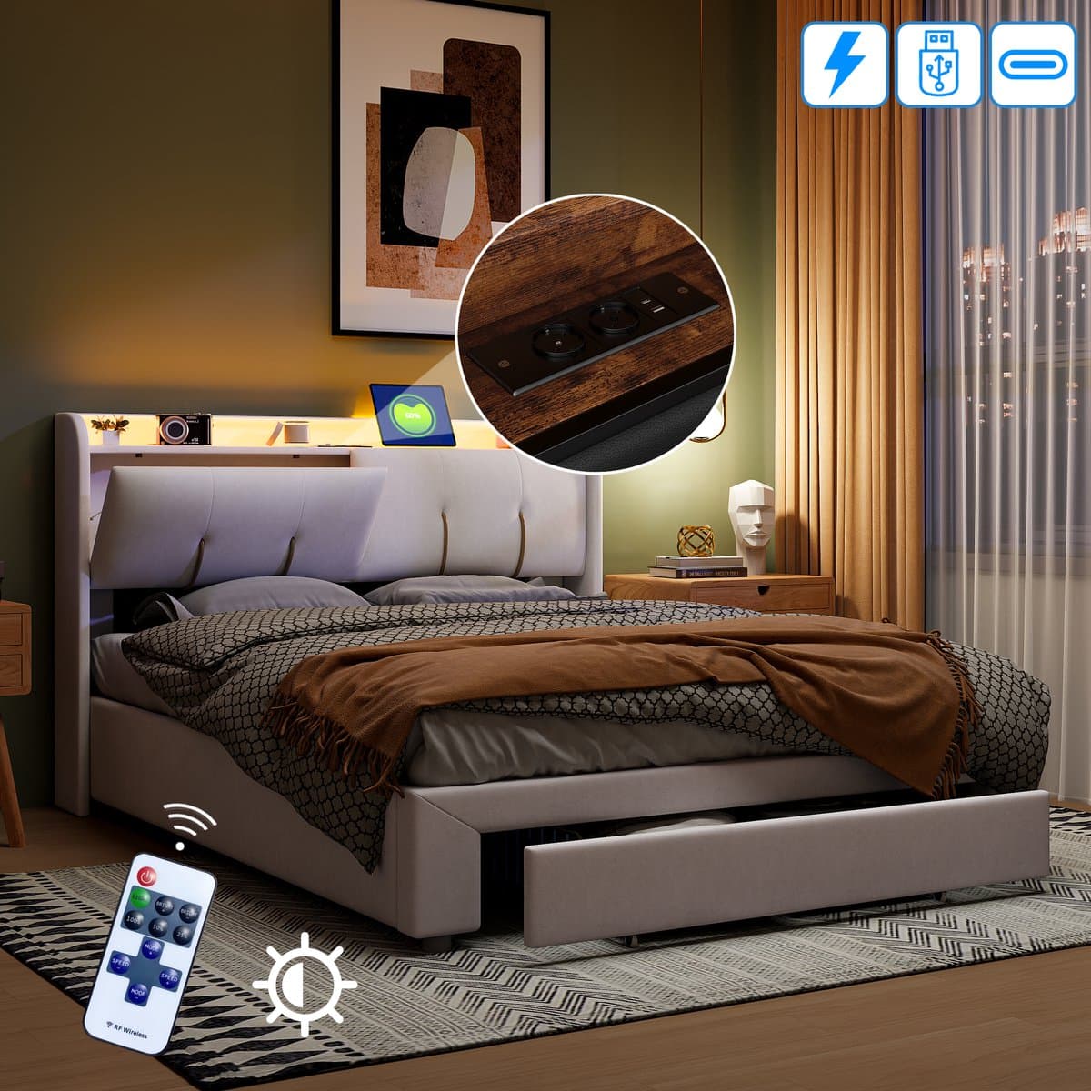 Opbergbed 160x200 cm crèmewit met opbergruimte in het hoofdbord, lade, LED-verlichting en USB-oplaadpoort, gestoffeerd tweepersoonsbed thumbnail 8