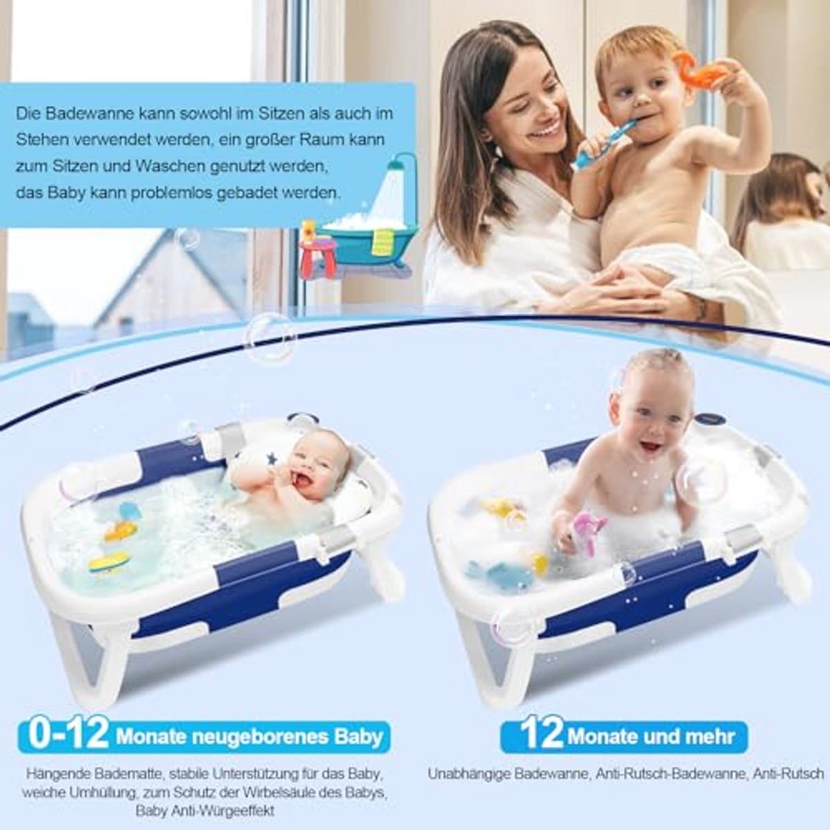 Opvouwbare babybadkuip voor pasgeborenen en peuters met thermometer - Draagbare babybath voor 0-36 maanden in blauw thumbnail 2
