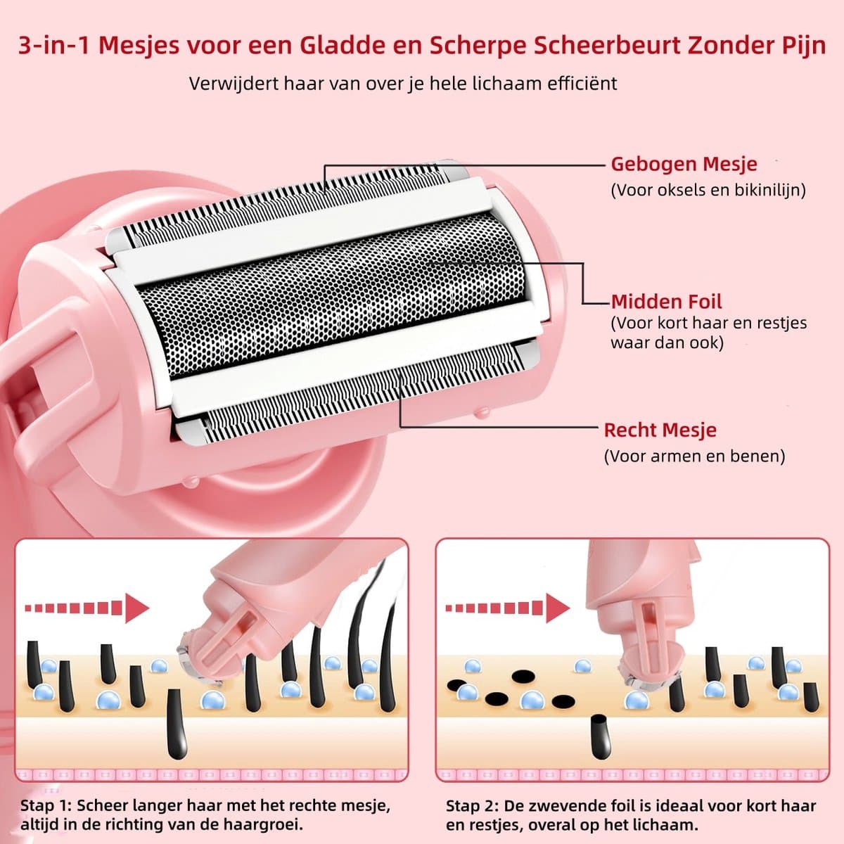 Hatteker 3-in-1 Ladyshave voor Vrouwen – Dames Scheerapparaat – Epileerapparaat – Trimmer voor Benen, Bikinilijn en Oksels – Epilator – Waterdicht IPX7 – Roze thumbnail 8