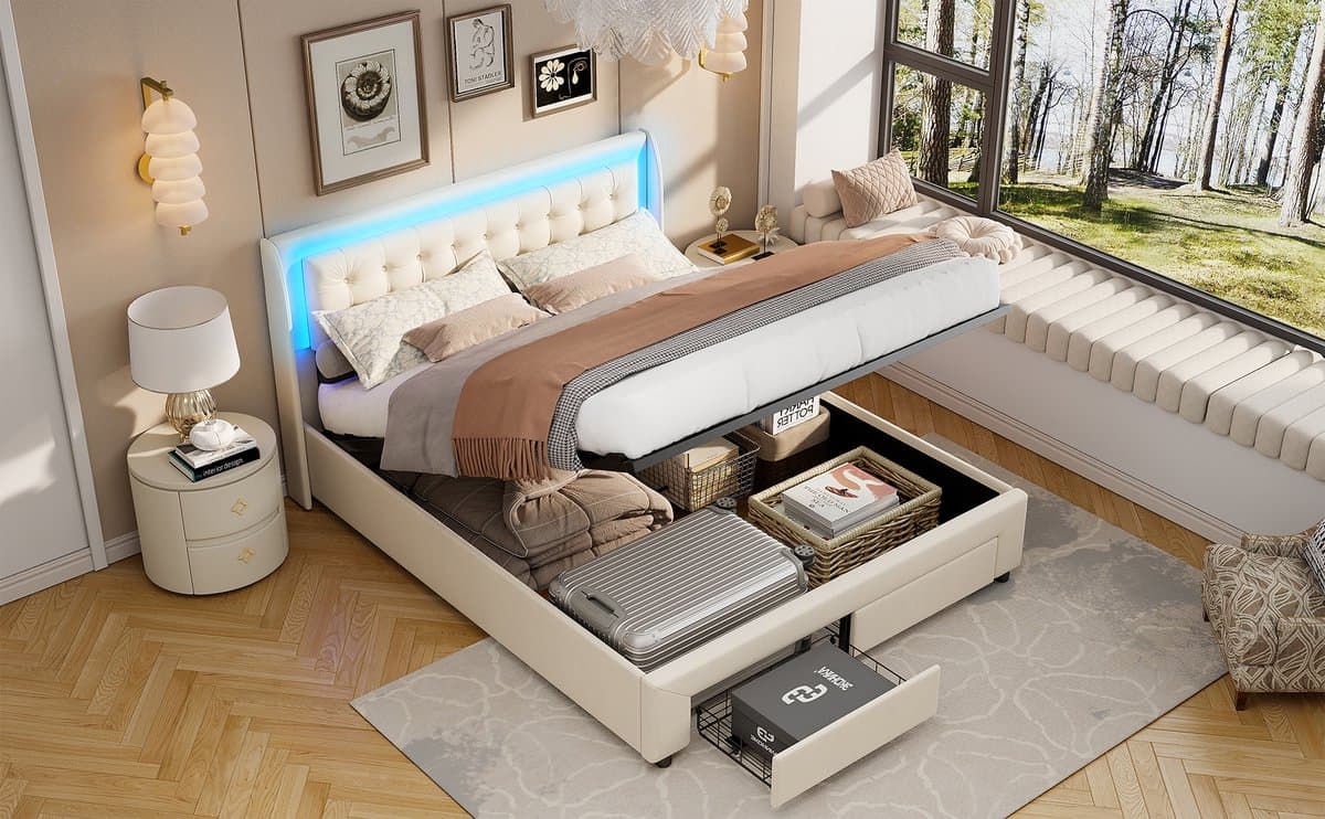 Gasveerbed met LED-verlichting in het hoofdbord, met lades en opbergruimte onder het bed, modern design, 180x200 cm – Beige thumbnail 8