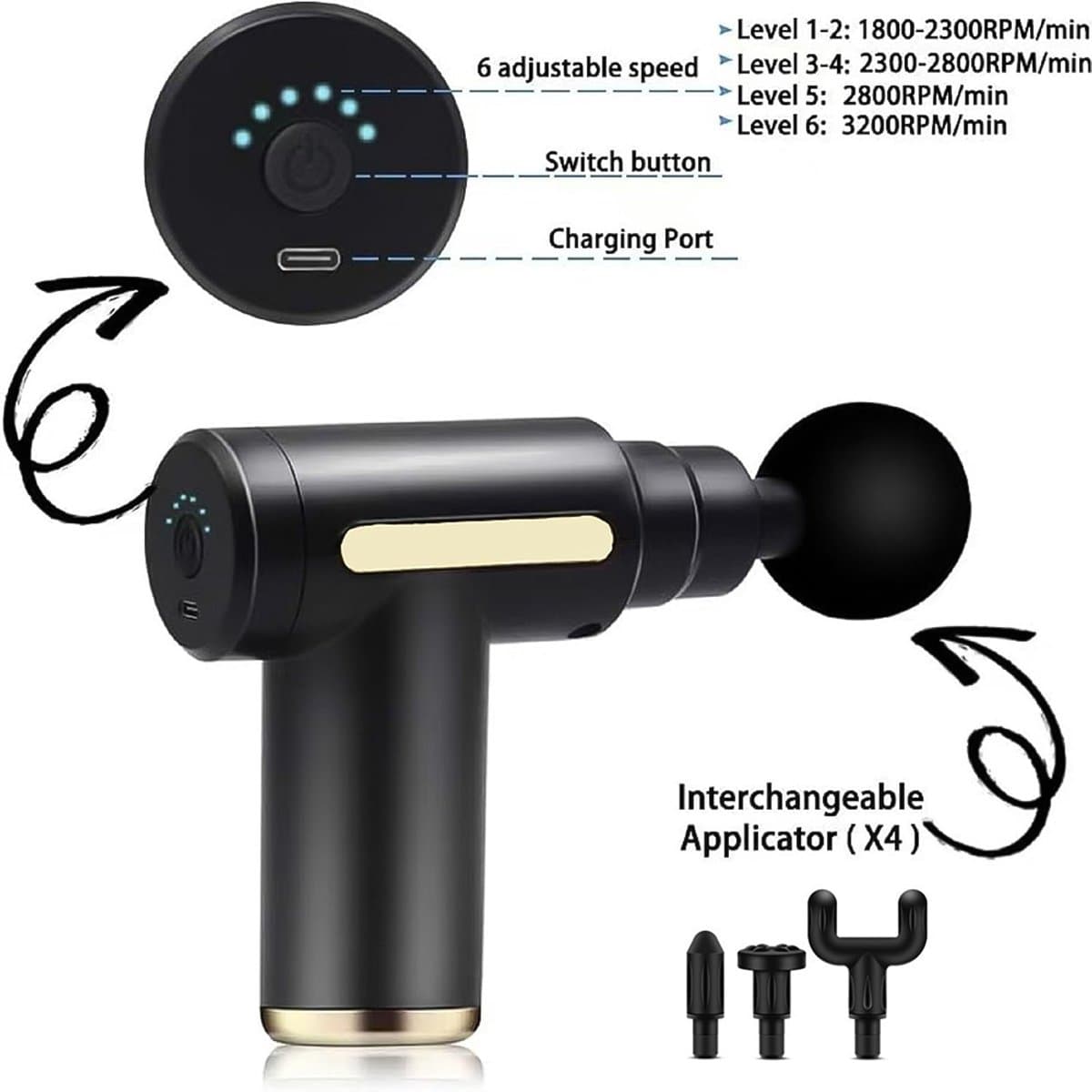 Onbekend Massage Gun Mini - 6 snelheden, 4 koppen, zwart thumbnail 4