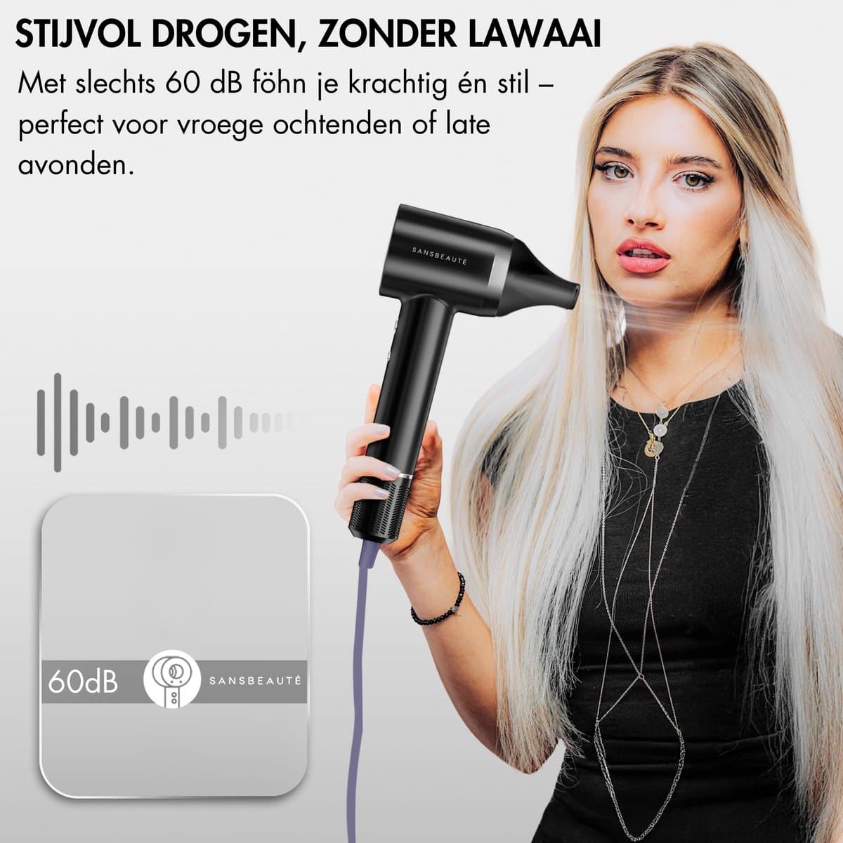 Sansbeauté® Föhn met Diffuser - Krullen - 110.000RPM - Ionische Haardroger met Borstel - 3 Standen - 3 Opzetstukken - Reisföhn - Sèche Cheveux - Krul Feun Set - Haarföhn met Defuser - Hair Blow Dryer - Kappersfohn - 2000W thumbnail 2