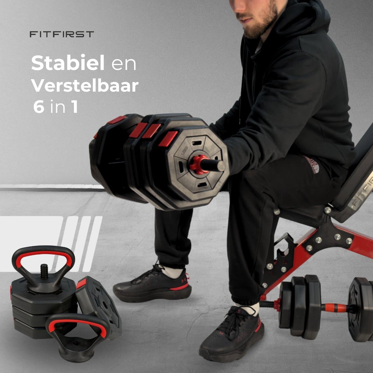 FitFirst 4-in-1 Verstelbare Dumbbells, Halter & Kettlebell Set – 40 kg – Complete Thuisgym Oplossing – Zwart/Rood thumbnail 6