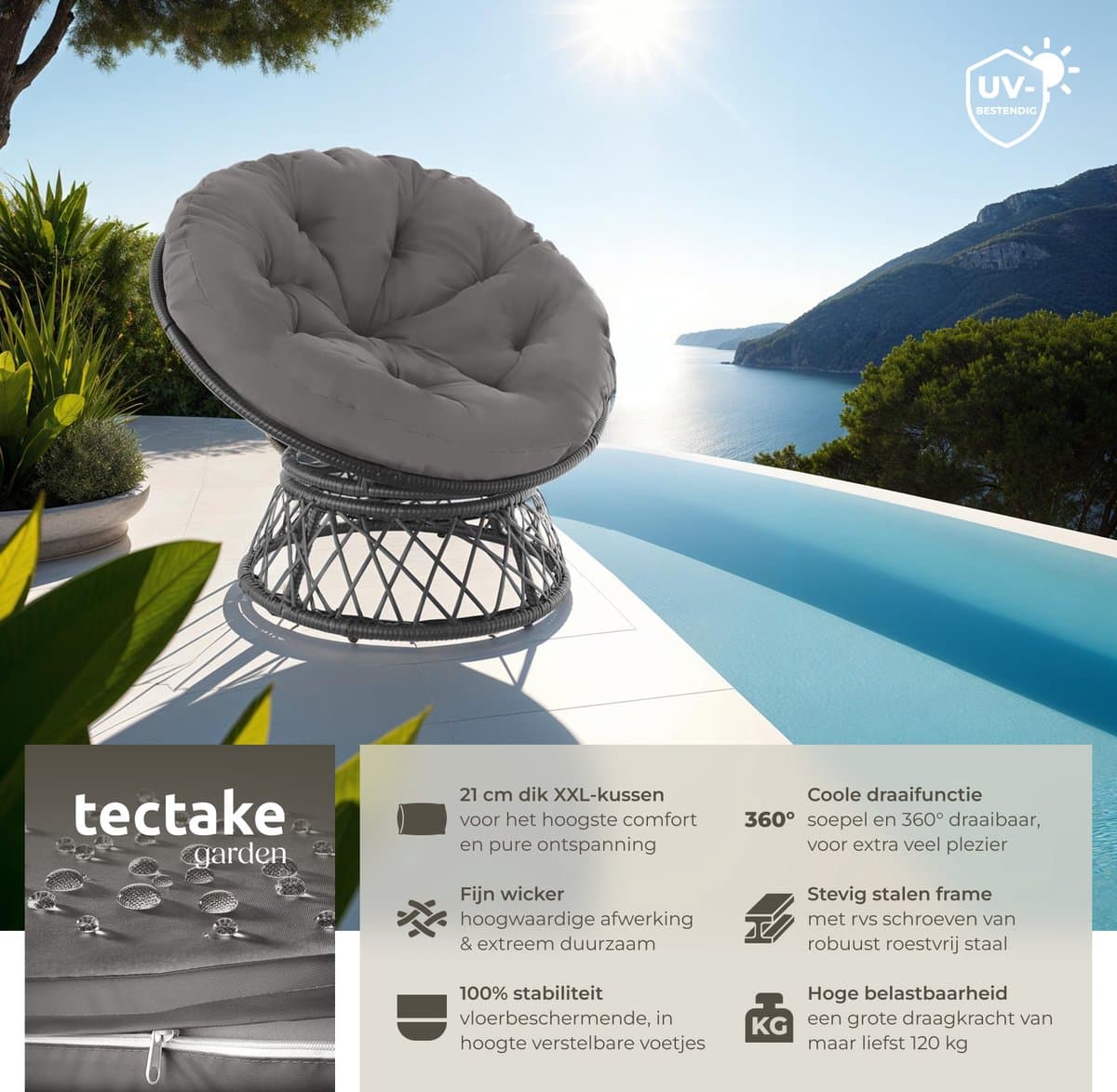 tectake® Papasan Stoel - Gezellige Draaistoel met Ronde Kussens - Comfortabele Rotan Stoel - Draaibare Loungestoel - Ronde Relax Rotan Rieten Stoel voor Woonkamer, Leeshoek, Lounge - Zwart thumbnail 6