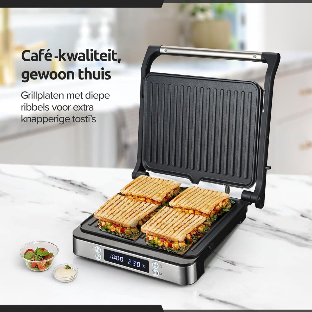 Tosti Apparaat XL - Panini Grill - Grote Tosti's Maken - PFAS Vrij - Voor 4 Tosti's - Silver thumbnail 3