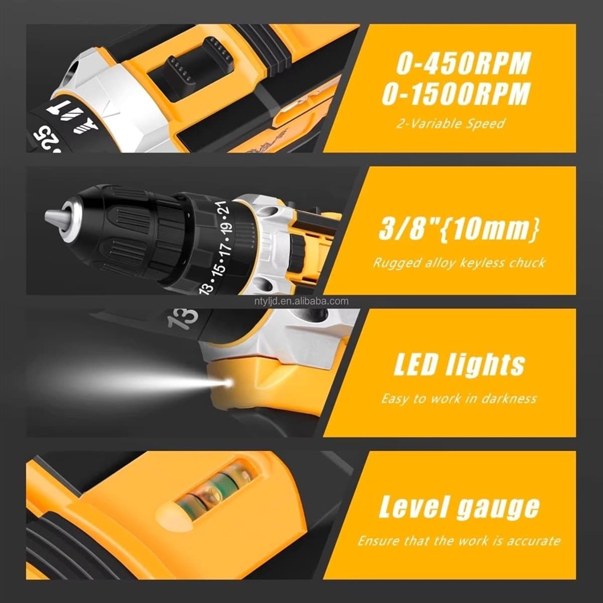 DeWalt-look 21V Accu Slagboormachine Gereedschapsset - Complete Gereedschapskoffer met 2 Accu's - 45 Nm - 2 Snelheden - Inclusief Handgereedschap & Accessoires thumbnail 5