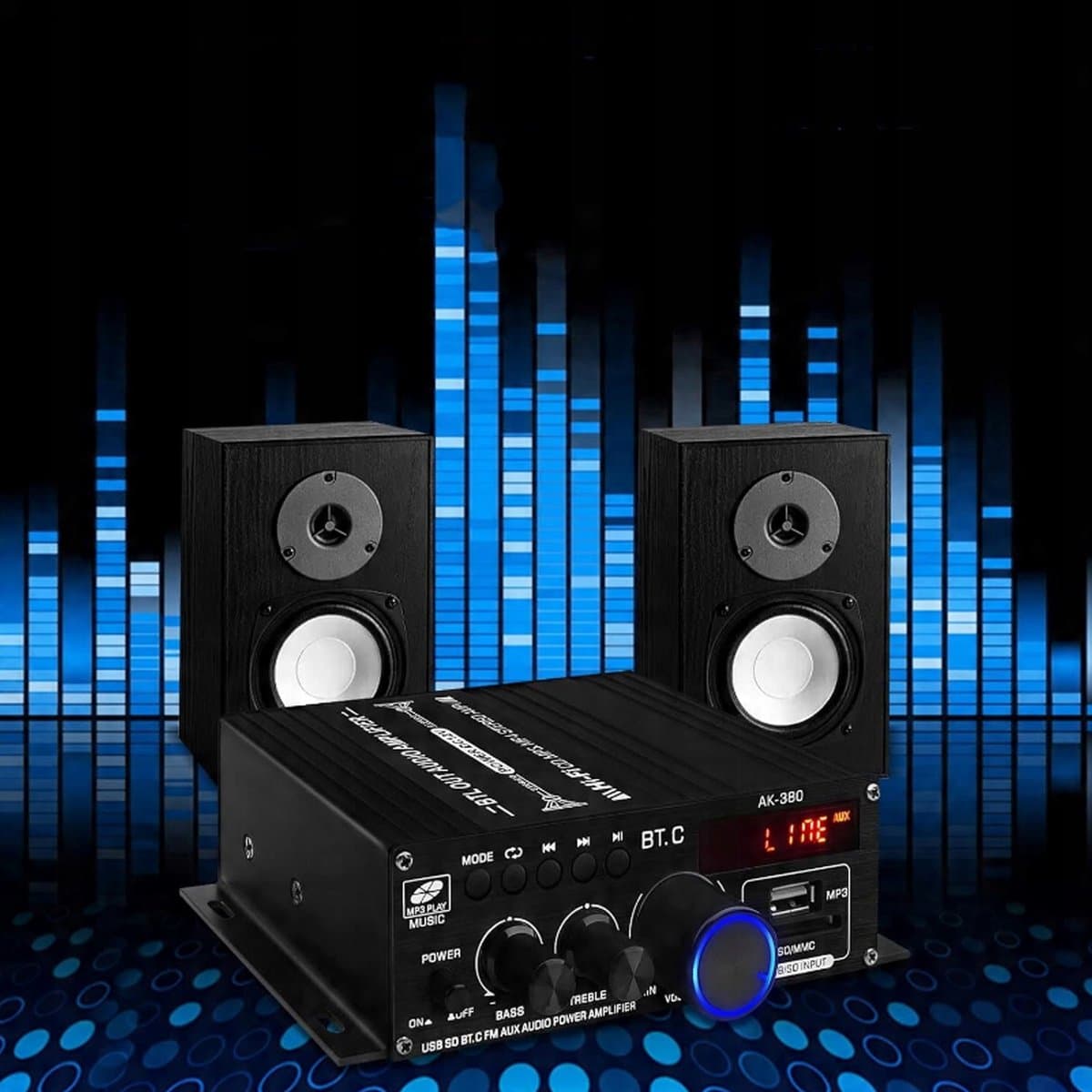 Mini Versterker - HiFi Stereo - Bluetooth - 60W - 2 Kanalen - FM Radio - met Bass- en Treble-regelaar - USB/SD - Afstandsbediening - voor Thuis en Auto - Compact thumbnail 4