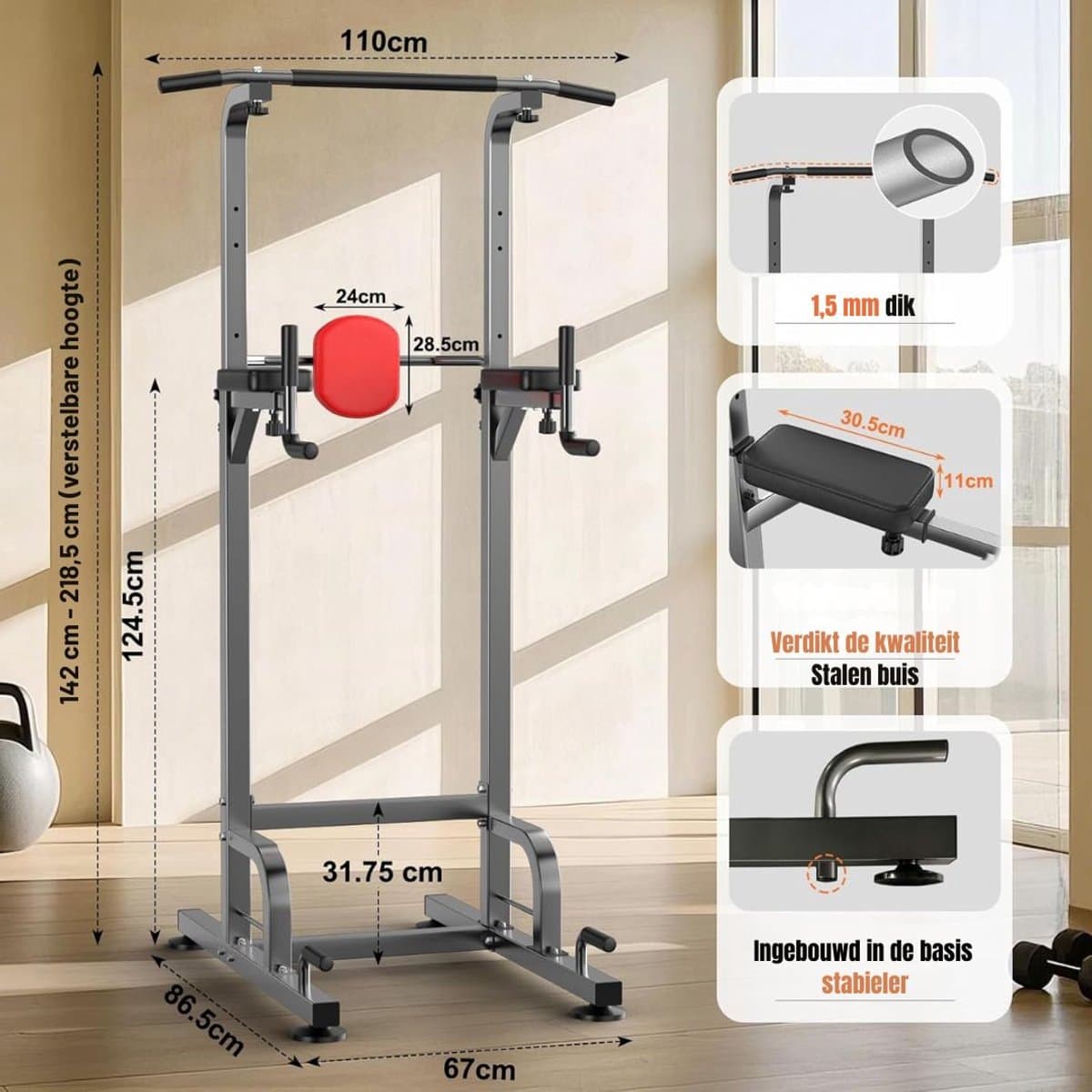 Ploutos® Pull Up Station - Fitness Tower met Optrekstang & Dip Bars - Home Gym Krachtstation - Grijs - 67cm x 86cm x 219cm thumbnail 5
